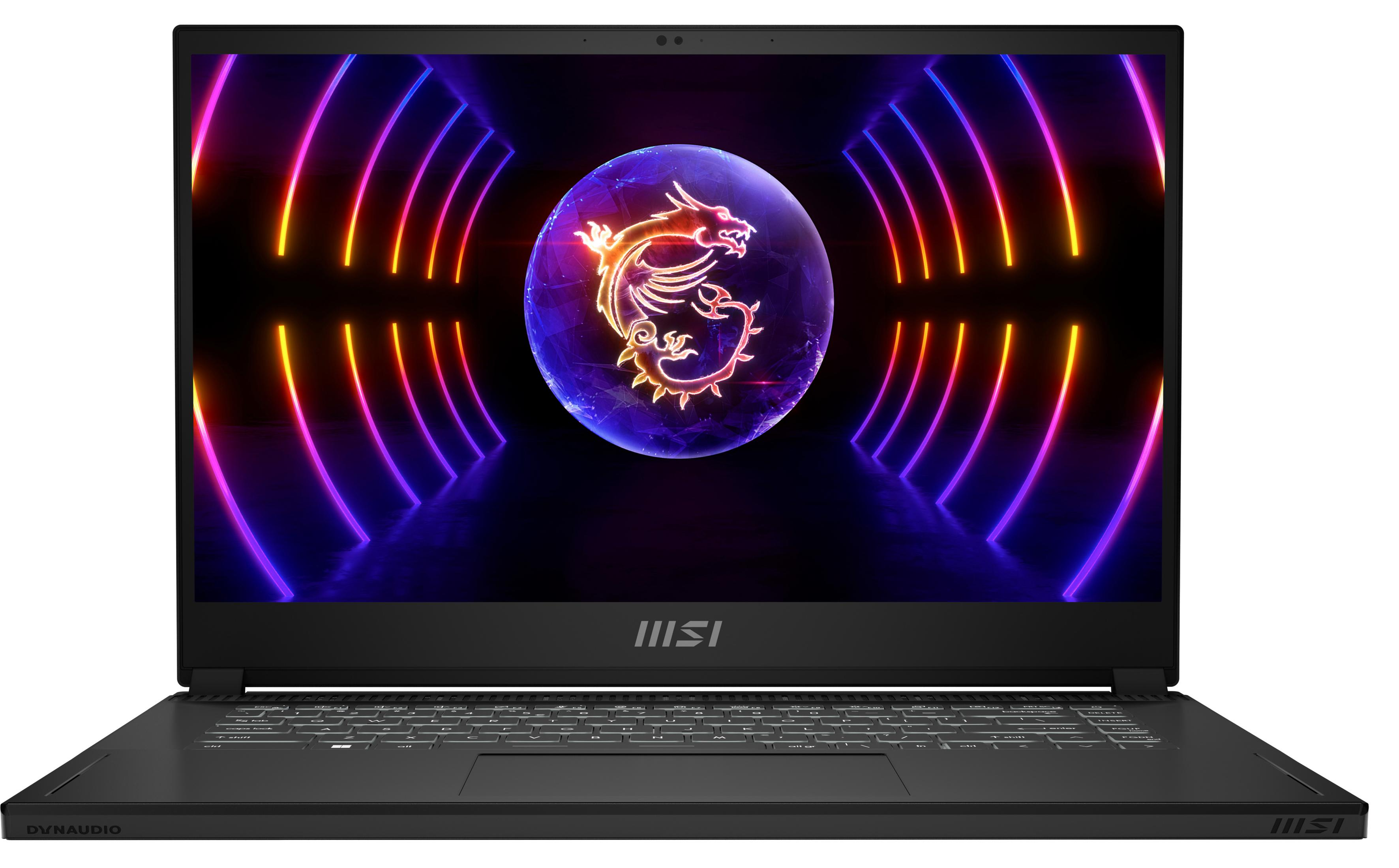 Schwarzer Laptop mit Gaming-Oberfläche auf dem Bildschirm. Der Laptop hat ein modernes Design.