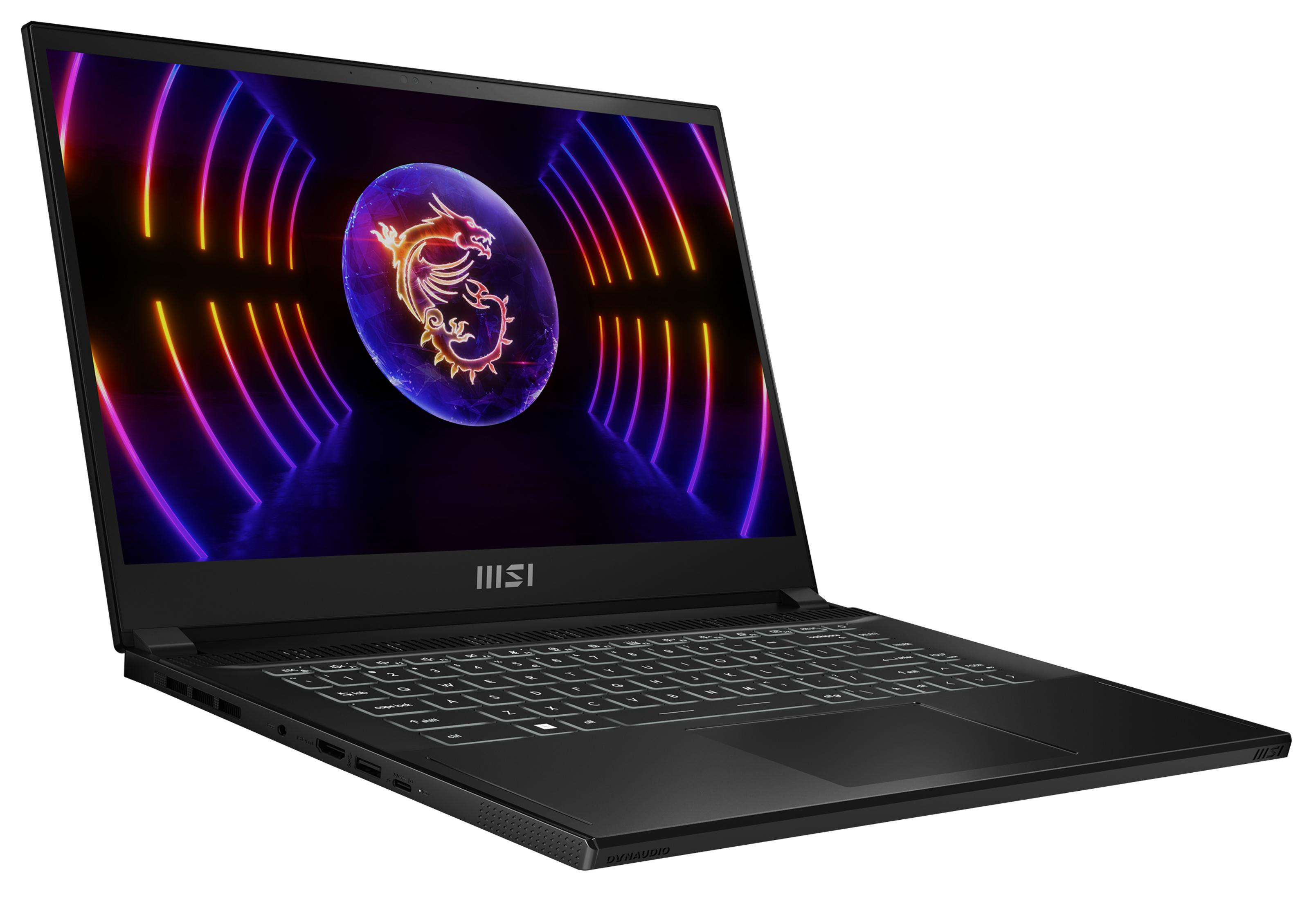 Ein schwarzer Laptop mit einem Drachenlogo auf dem Bildschirm. Der Laptop ist auf einer weißen Oberfläche geöffnet.