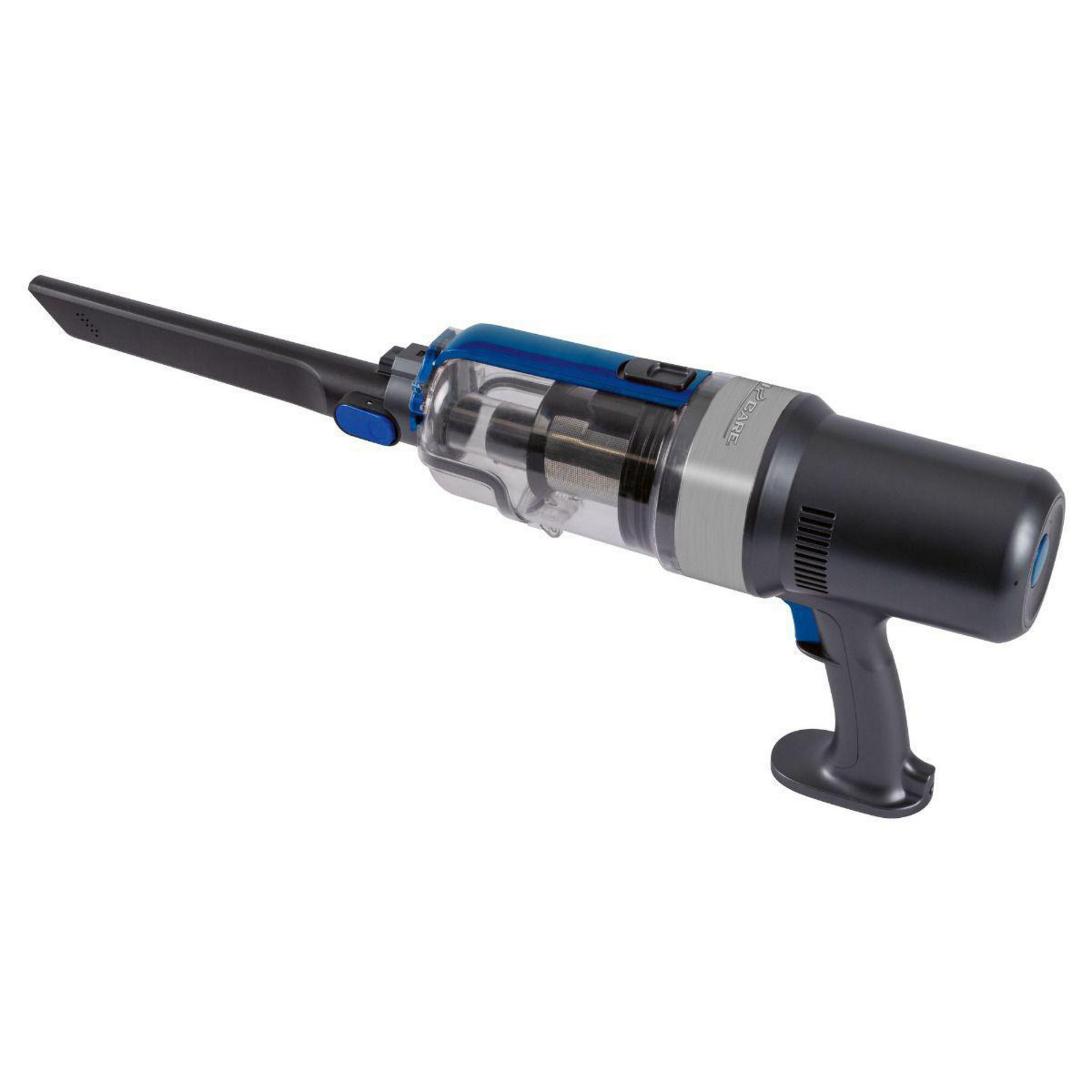 Czarny i niebieski odkurzacz ręczny z przedłużeniem.