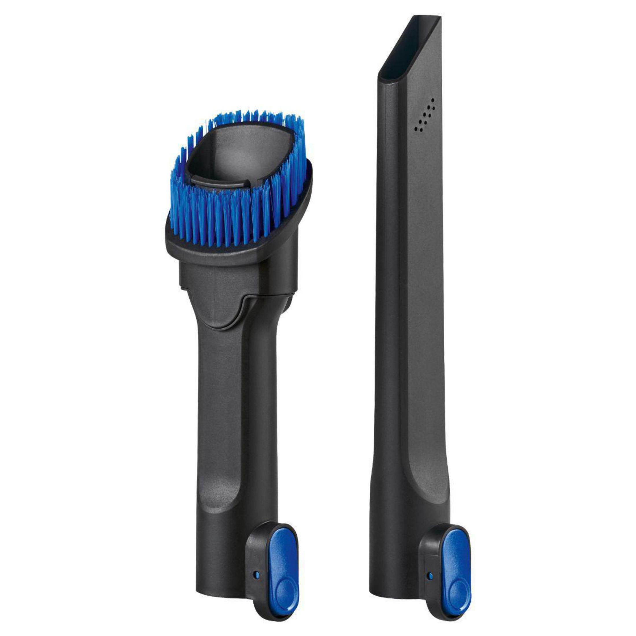 Czarne końcówki do odkurzacza. Jedna ma szczotkę, druga ssawkę szczelinową, obie z niebieskimi akcentami.