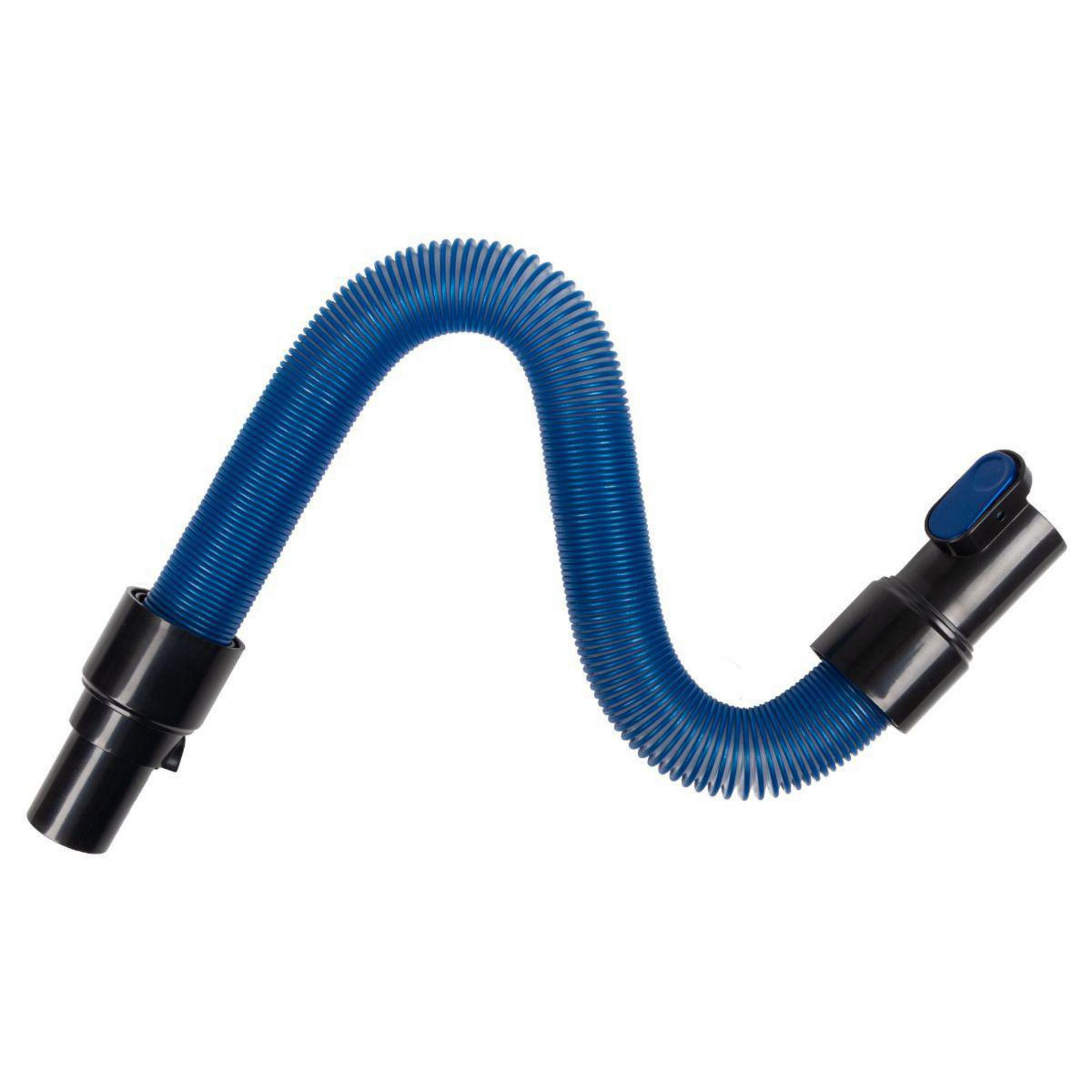 Niebieski karbowany wąż do odkurzacza z czarnymi złączami.