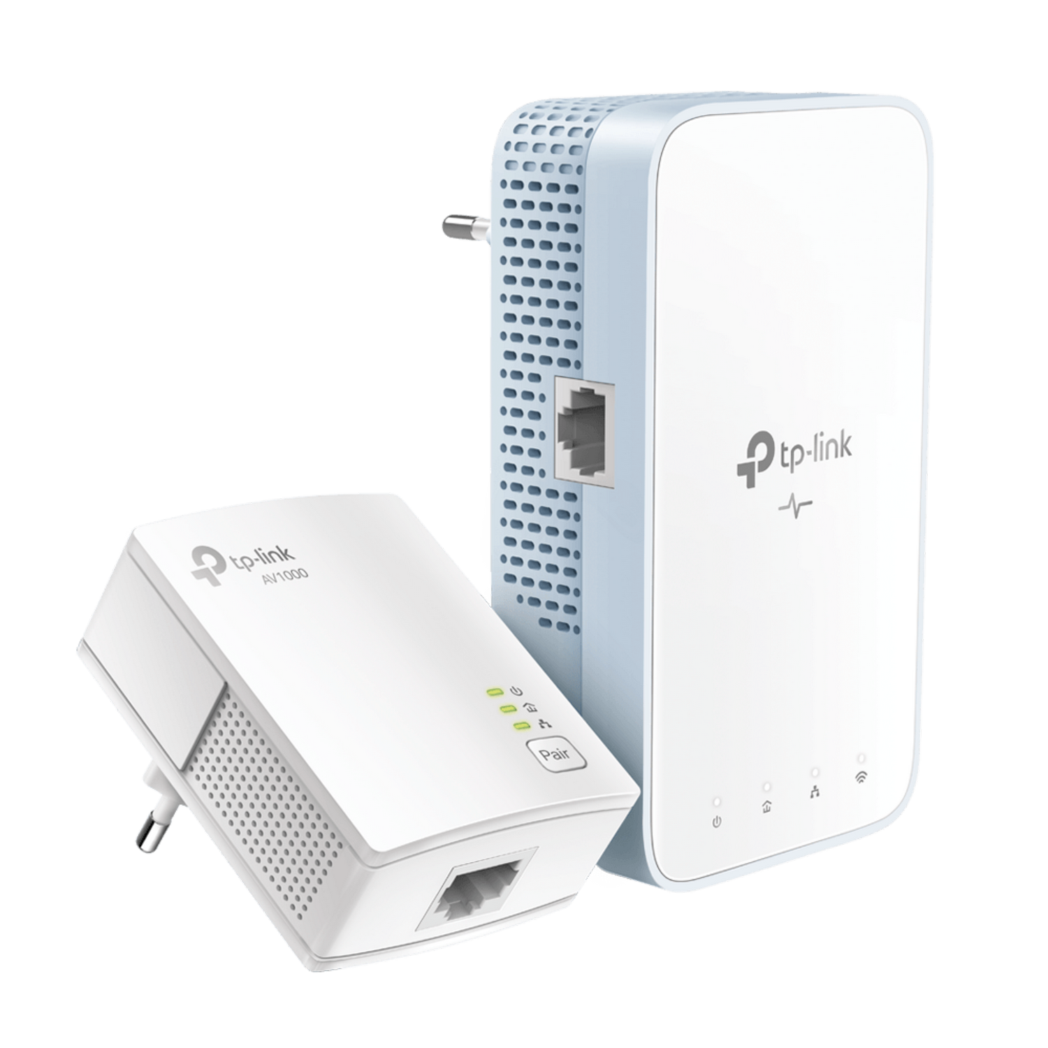 Siyah zemin üzerinde iki beyaz tp-link cihazı. Biri bir powerline adaptörü, diğeri bir powerline genişletici.