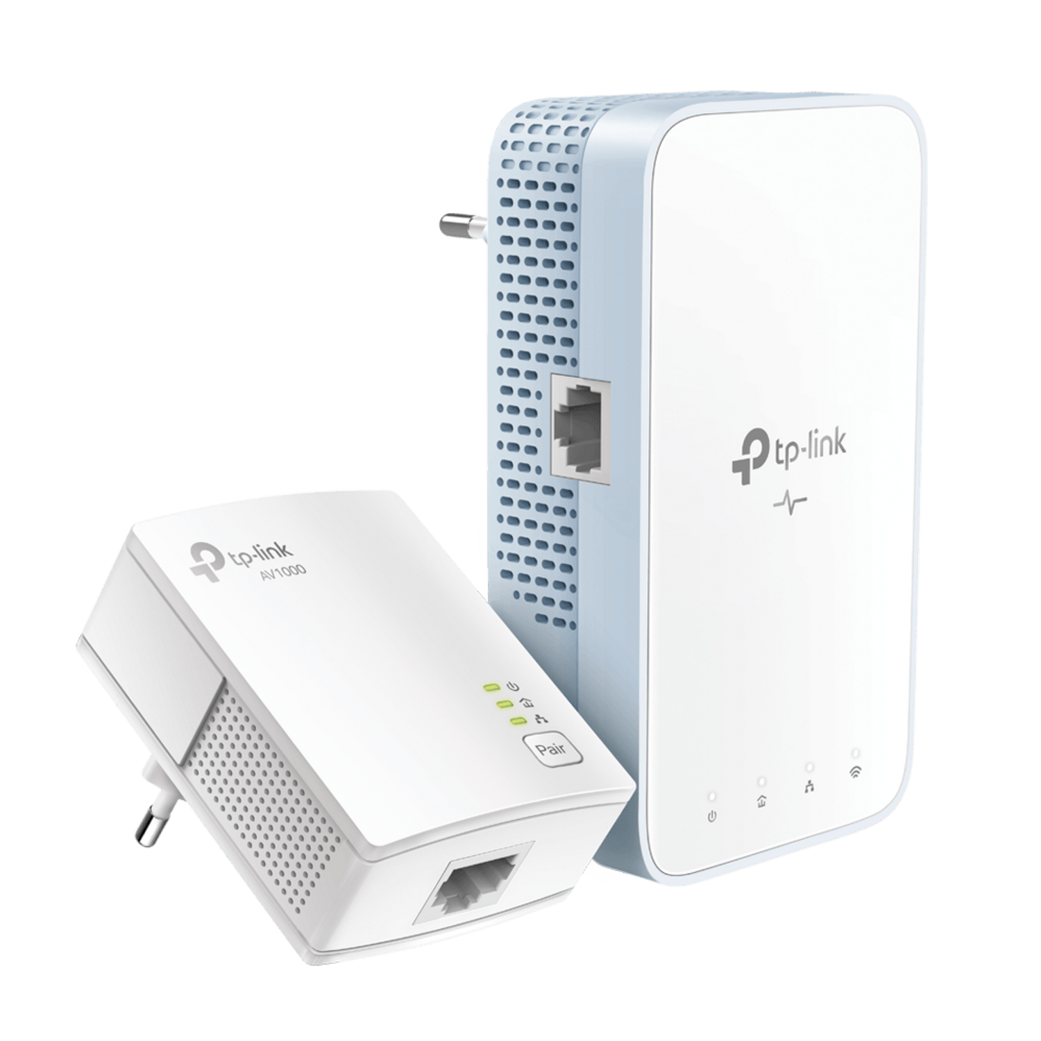 İki beyaz TP-Link ağ cihazı: bir duvar prizi adaptörü ve daha büyük bir powerline adaptörü.