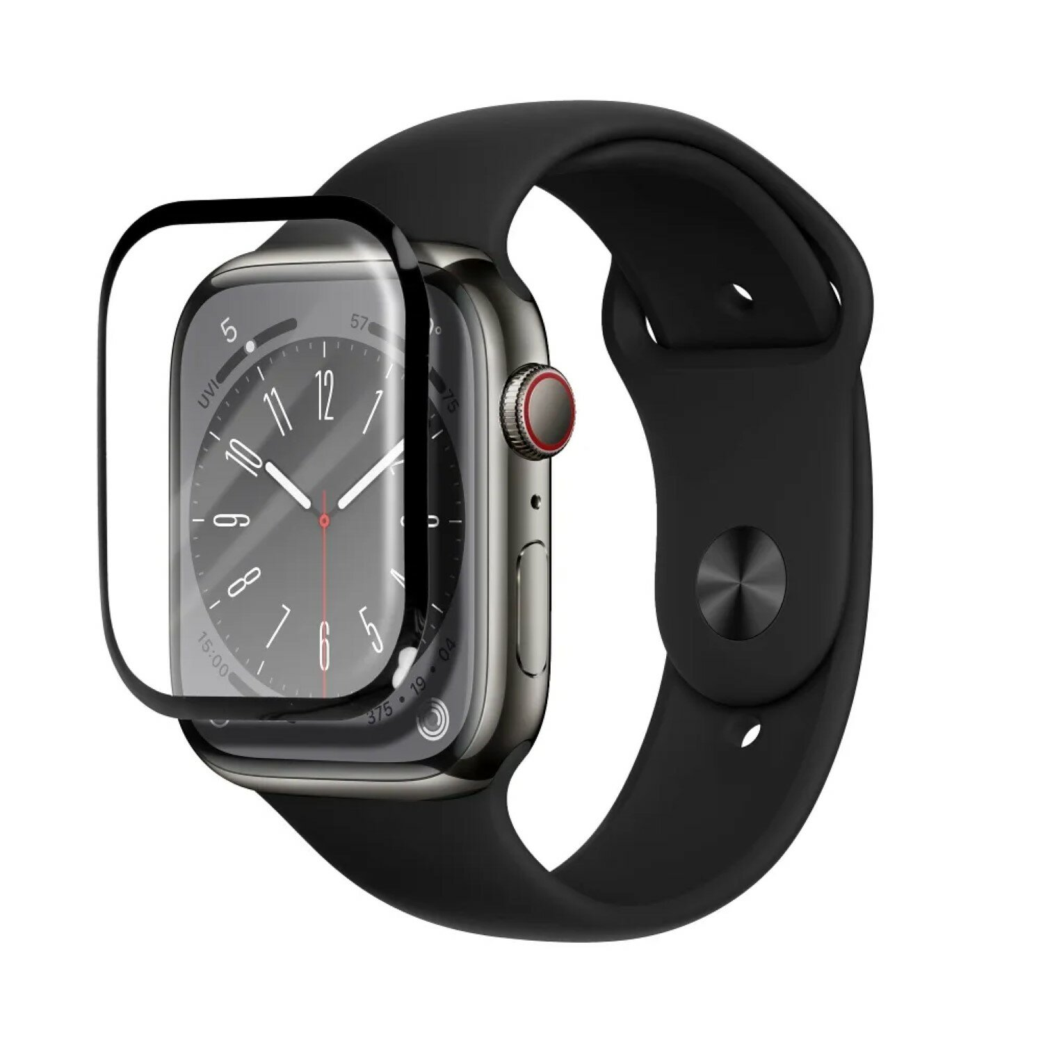Eine moderne Smartwatch mit schwarzem Armband. Das Zifferblatt zeigt die Uhrzeit an und hat einen Schutzbildschirm. Isoliert auf weißem Hintergrund.