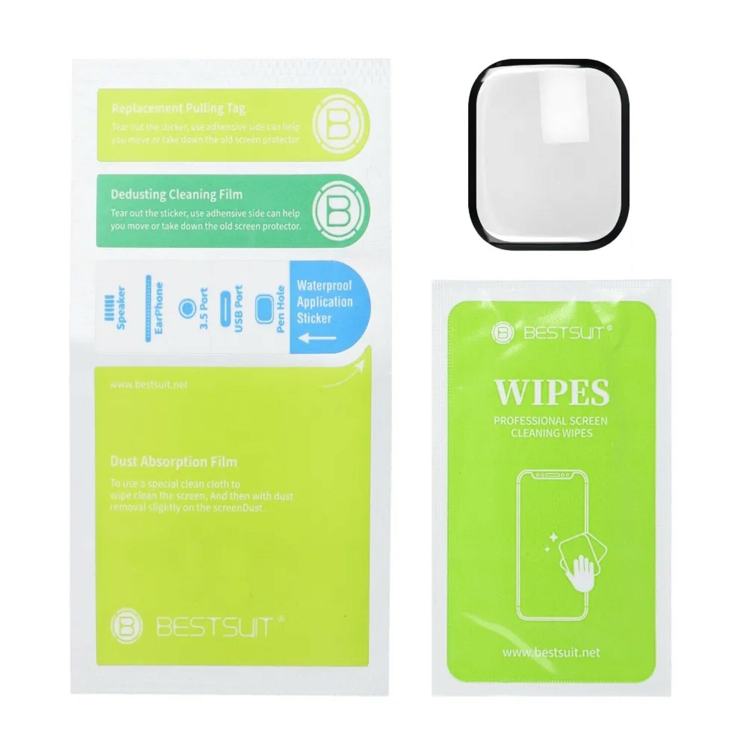 Verpackung für Displayschutzfolien-Kit. Enthält Reinigungstücher, Staubentfernungsfolie und Displayschutzfolie. Text und Logos sind sichtbar.
