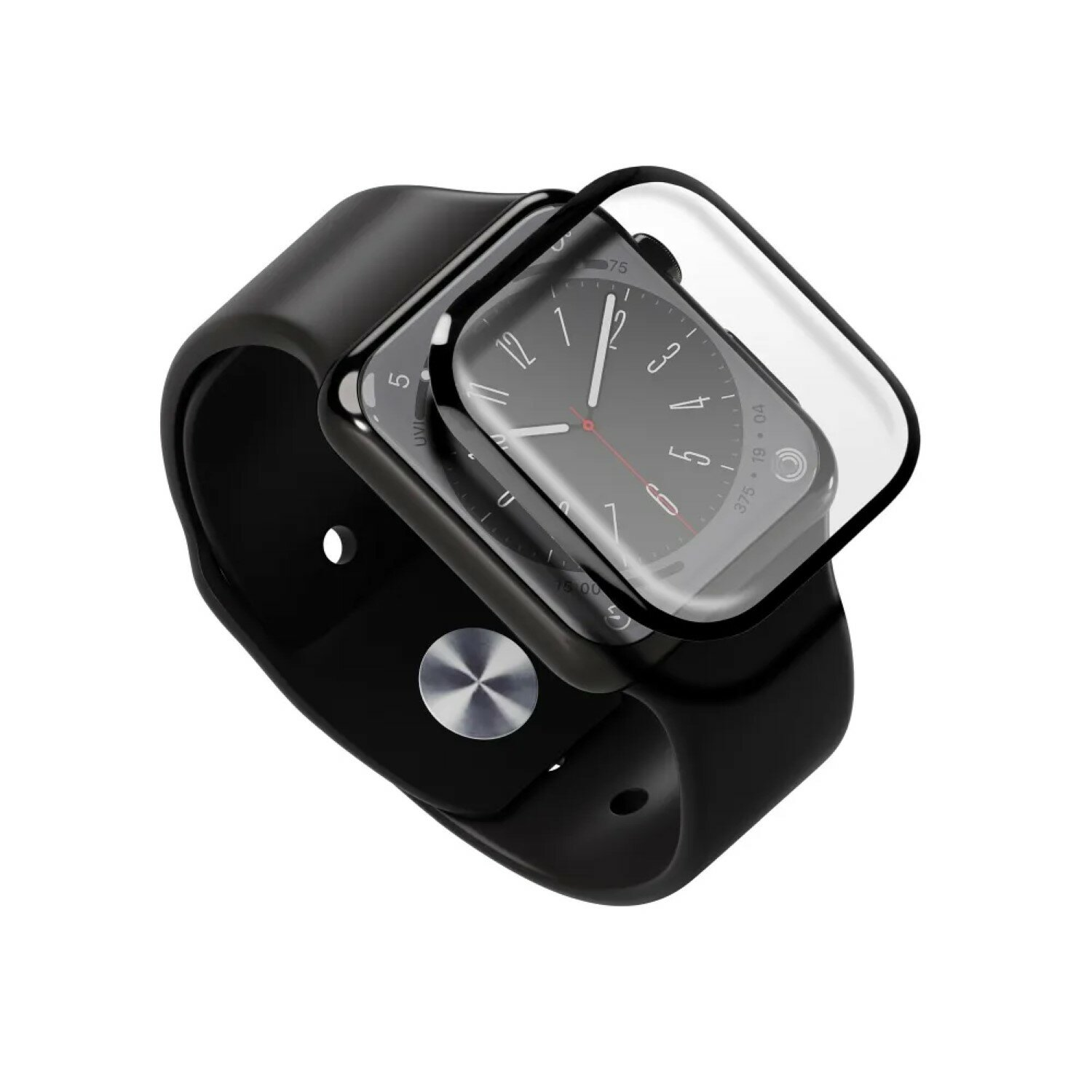 Eine schwarze Apple Watch mit transparentem Displayschutz. Die Uhr zeigt die Uhrzeit an. Das Armband ist schwarz.