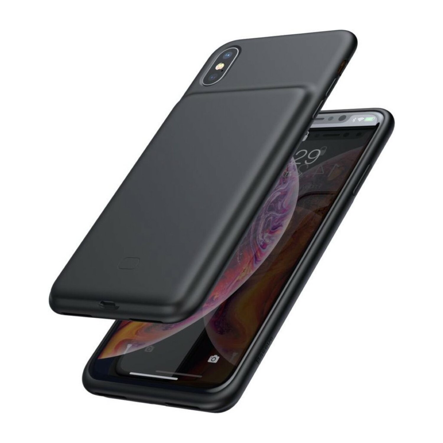 Custodia nera su un telefono con schermo che mostra l'immagine di una persona.