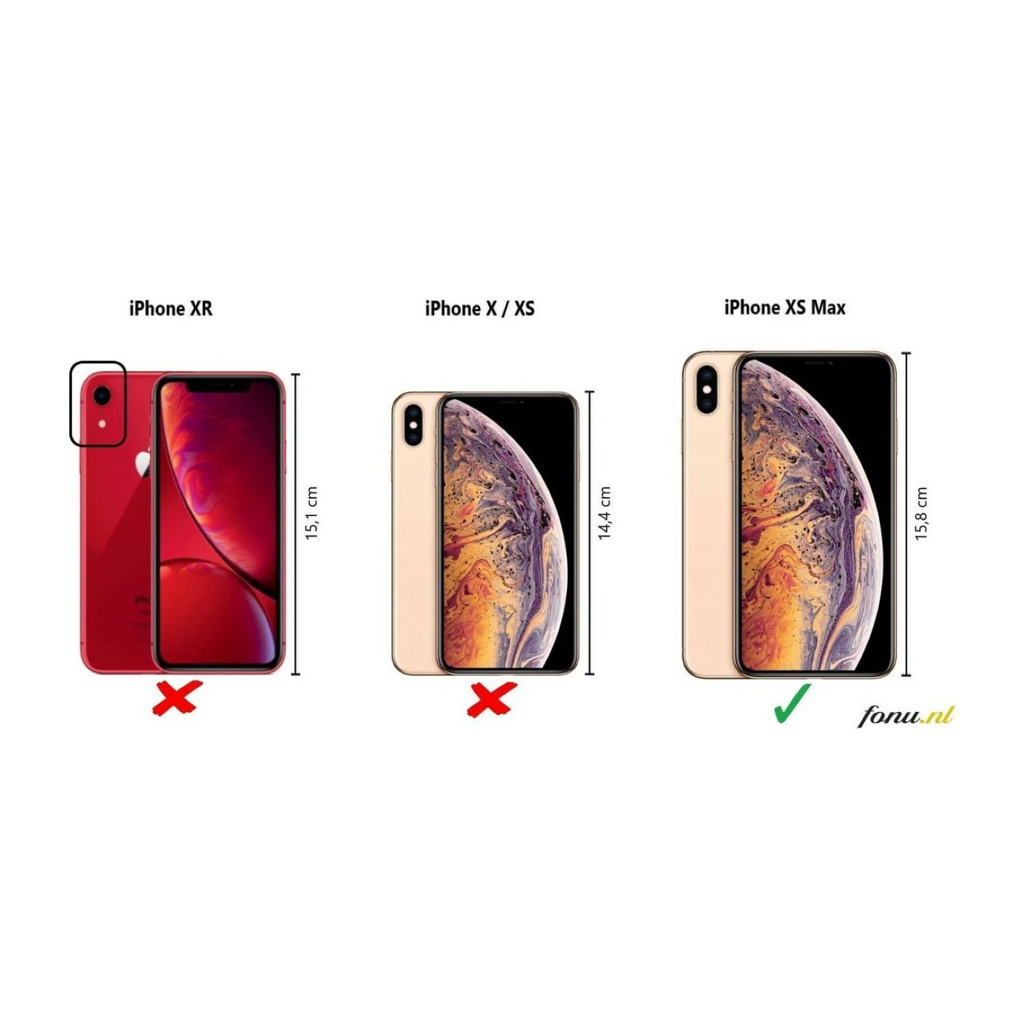 Confronto dimensioni iPhone: XR (rosso), X/XS (oro) e XS Max (oro). XS Max è corretto.