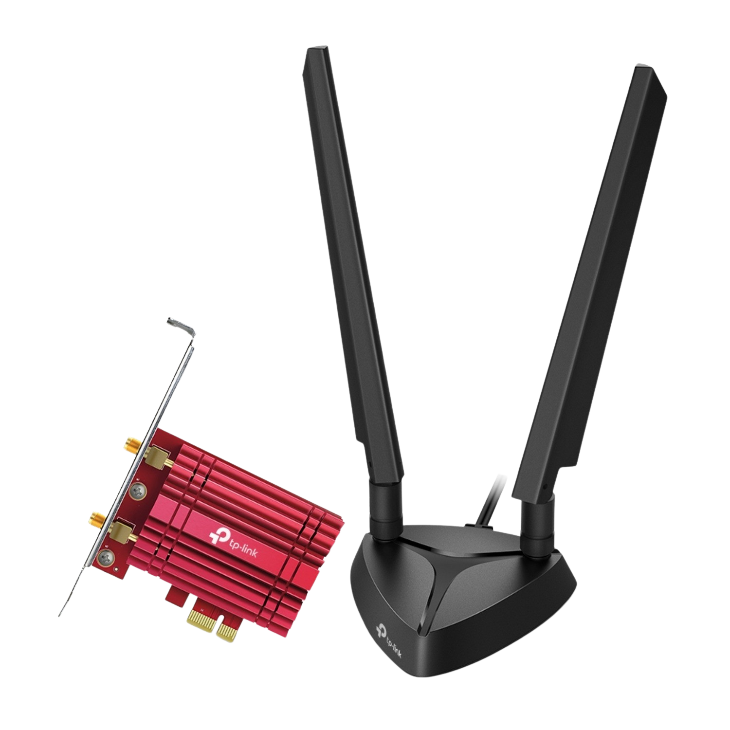 Un adaptateur Wi-Fi TP-Link avec des antennes. Une carte rouge à gauche et des antennes noires à droite.