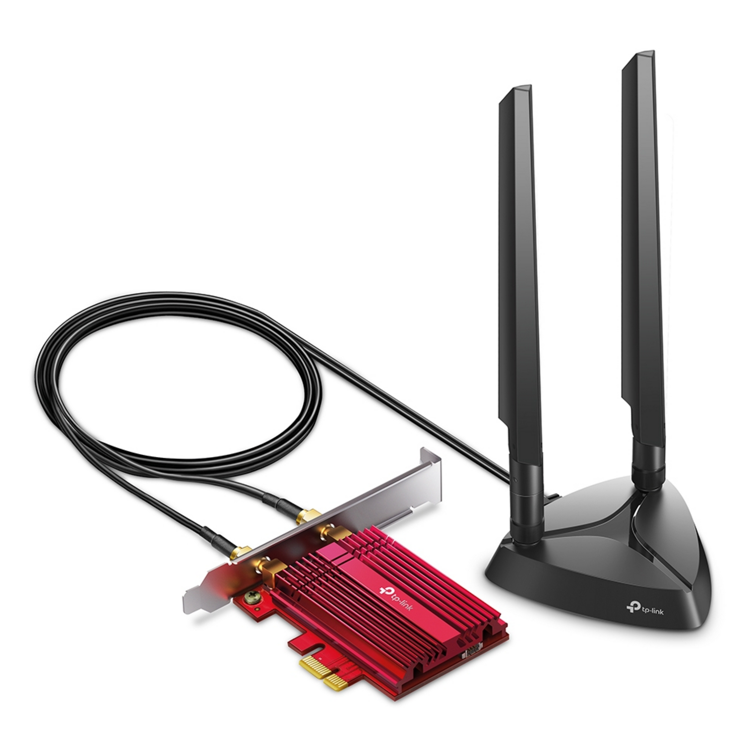 Un adaptateur réseau TP-Link rouge avec deux antennes et un câble noir.