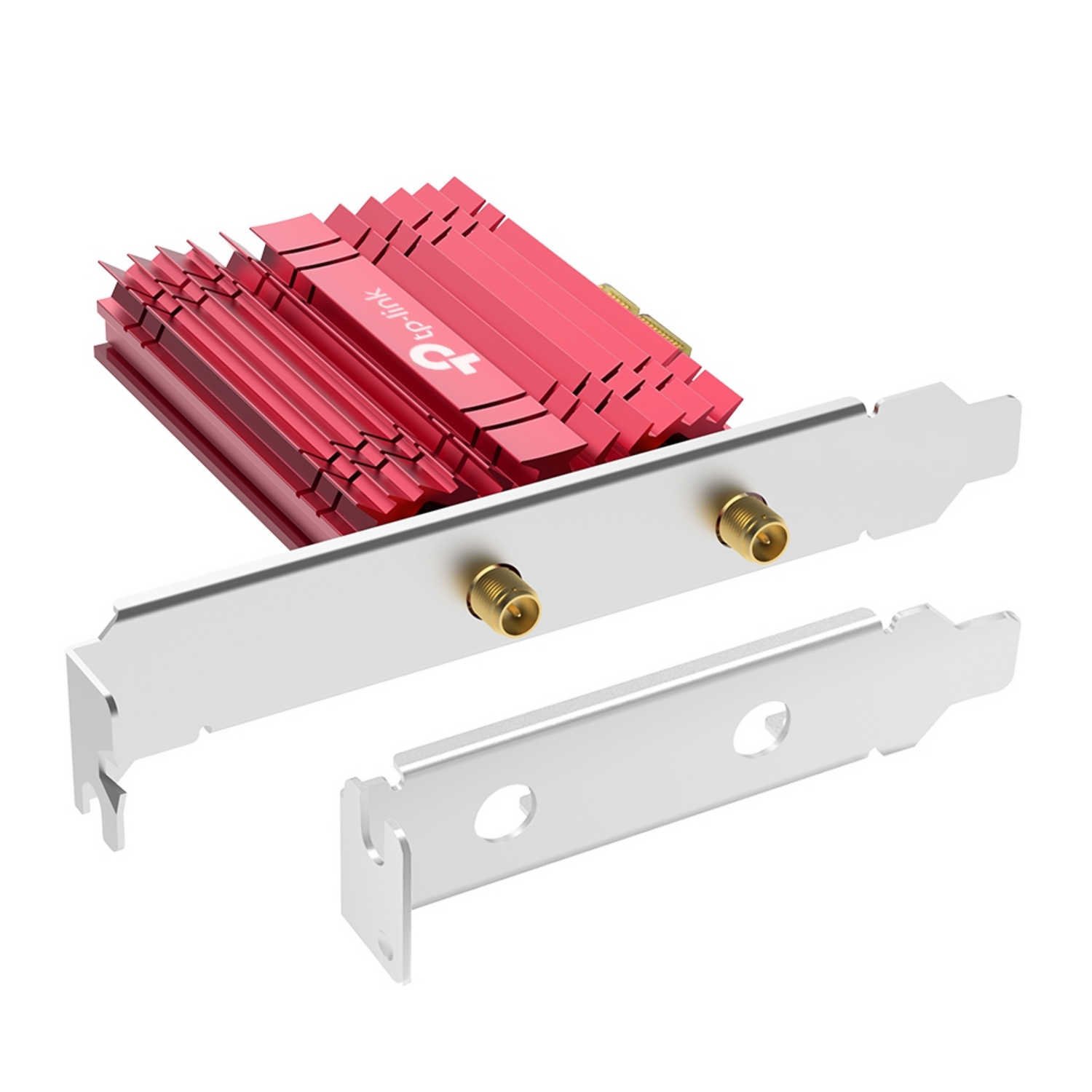 Carte réseau TP-Link rouge avec connecteurs dorés et support de montage argenté.
