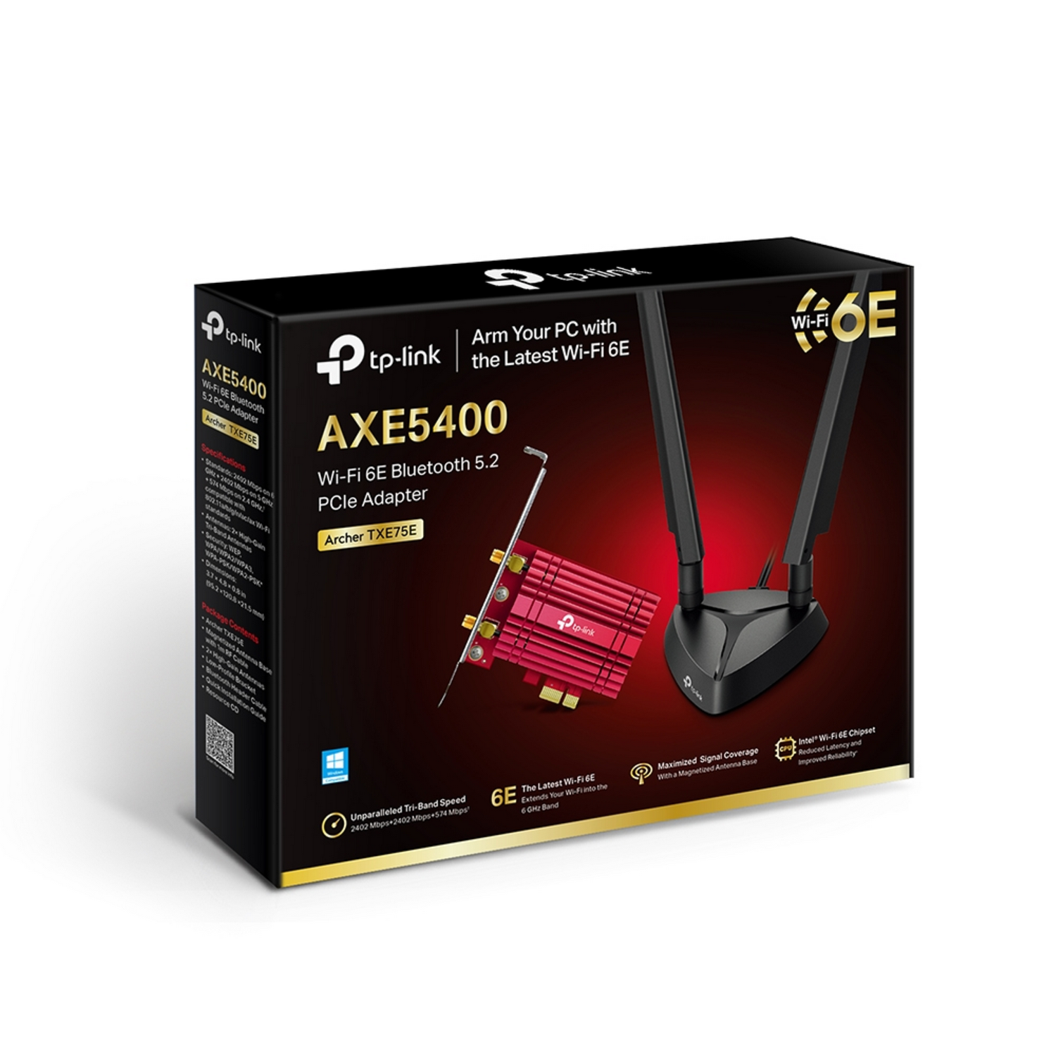 Une boîte avec un adaptateur PCIE, des antennes, une carte rouge et un logo.