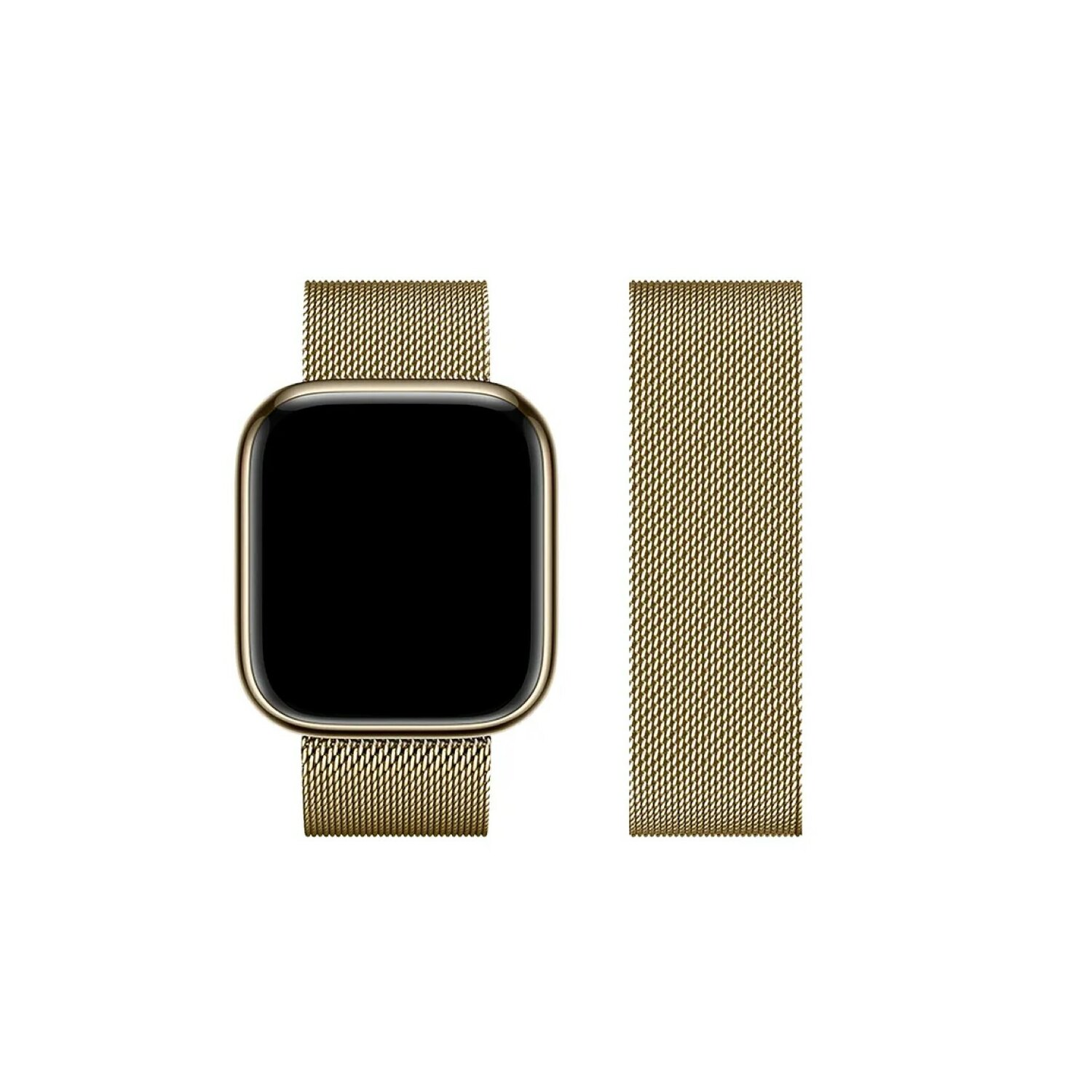 Smartwatch mit goldenem Armband. Weißer Hintergrund.