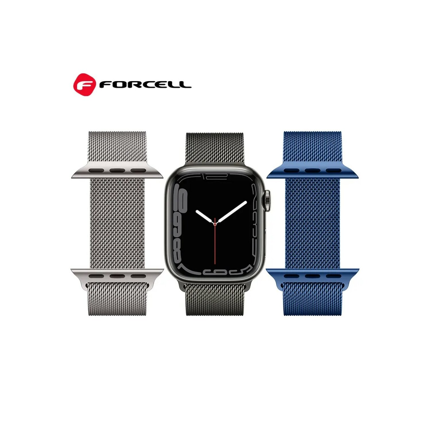 Eine schwarze Smartwatch mit drei Armbändern: silber, schwarz und blau, mit einem Logo.