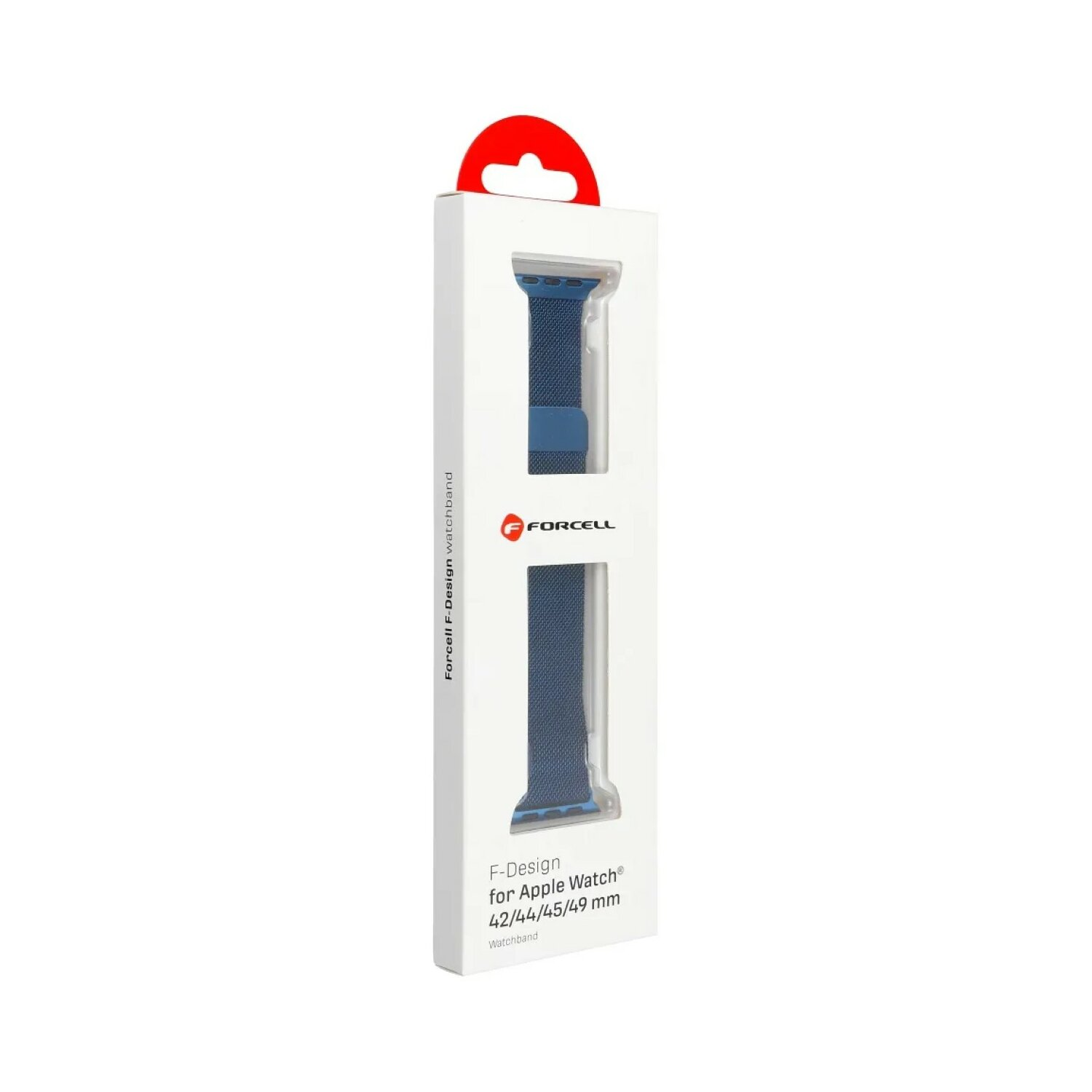 Blaues Uhrenarmband in der Box. Es ist für Apple Watch. Das Band ist gewebt.