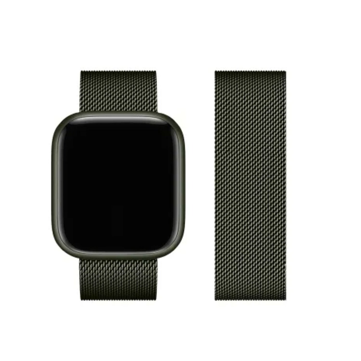 Olivgrüne Smartwatch und ein passendes Armband. Schwarzer Bildschirm. Weißer Hintergrund.