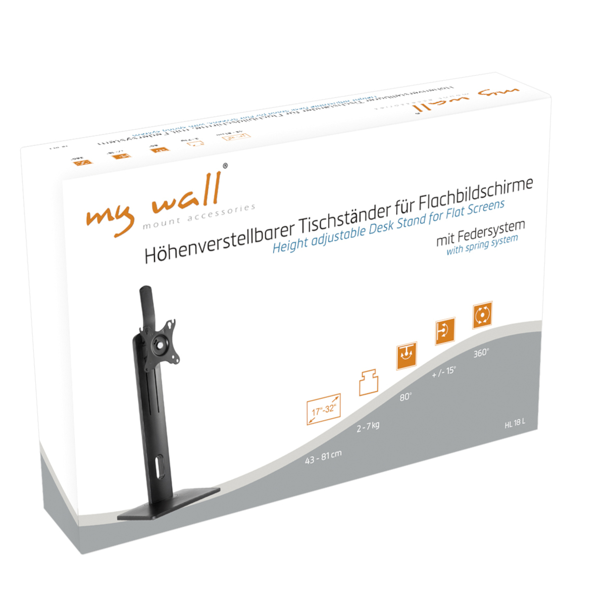 Verpackter Monitorständer mit Text und Diagrammen auf einer weißen Oberfläche.