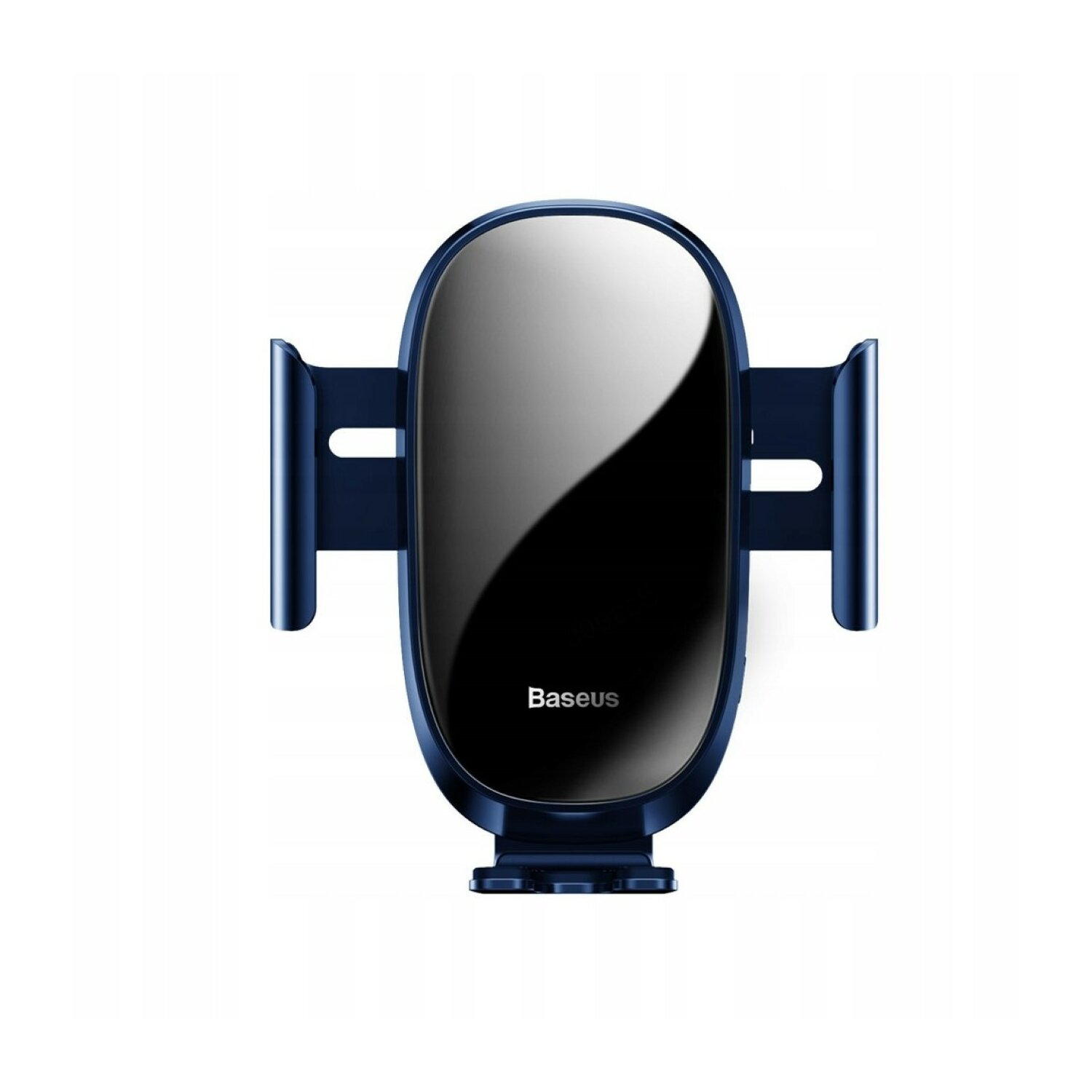 Blauw-zwarte telefoonhouder met Baseus-logo. Hij heeft verstelbare armen.