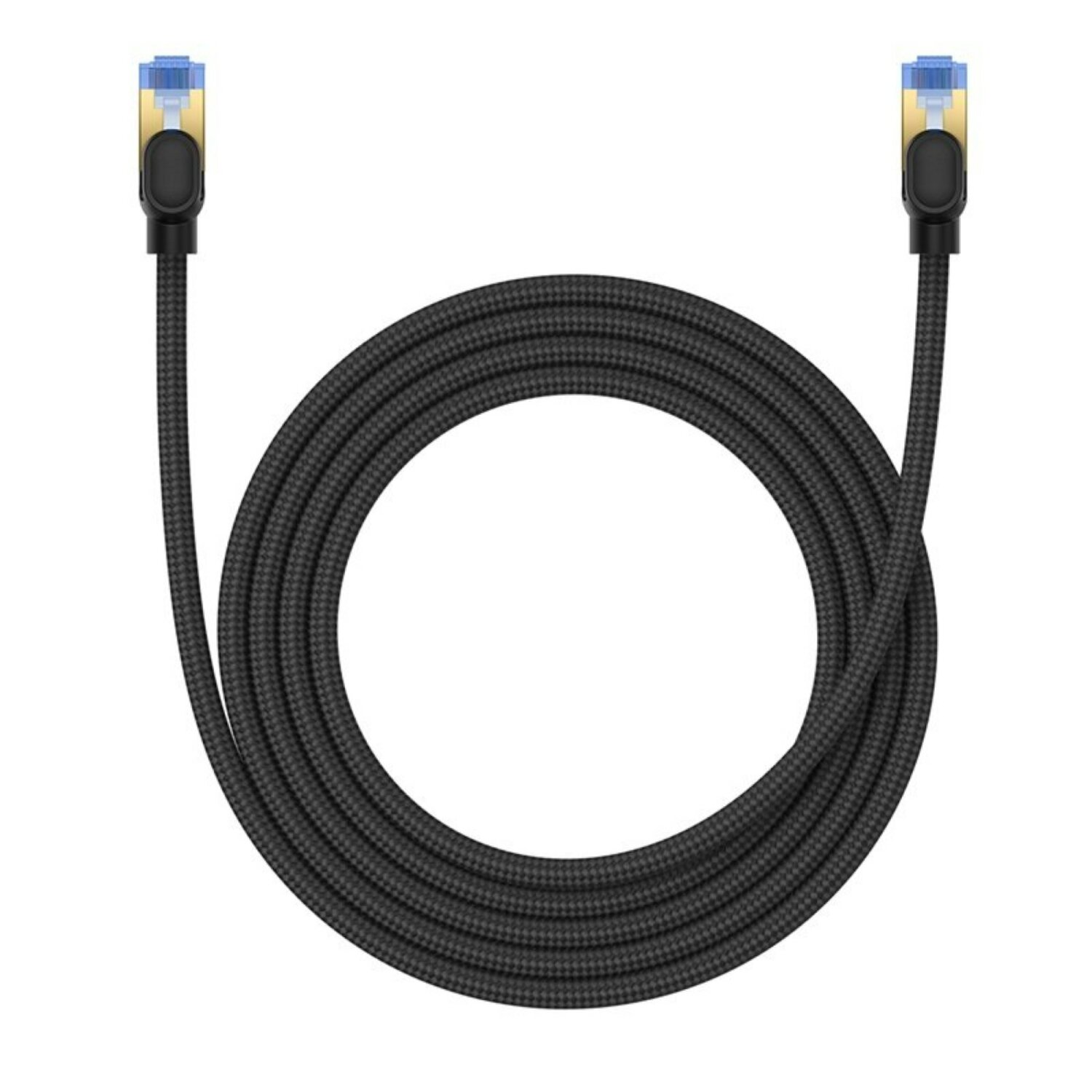 Cavo Ethernet nero con connettori dorati su una superficie bianca.