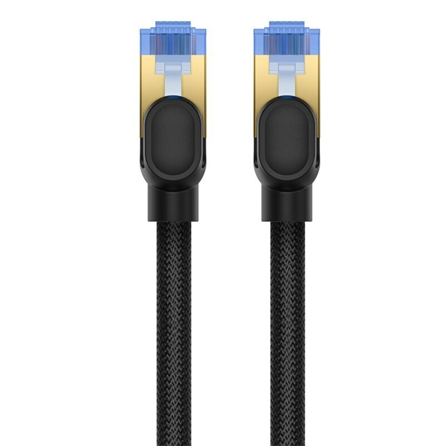 Due cavi Ethernet neri e dorati con connettori blu affiancati.
