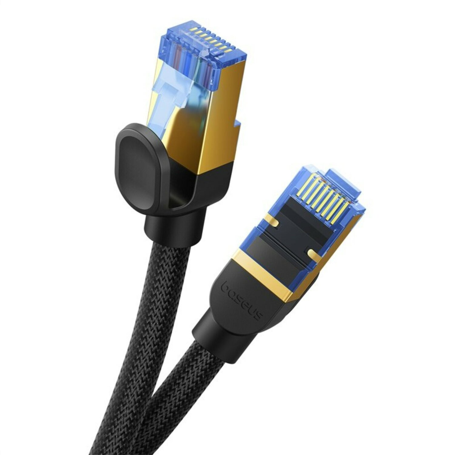 Cavo Ethernet con connettori dorati, cavo nero. Sfondo bianco. Marchio Baseus.