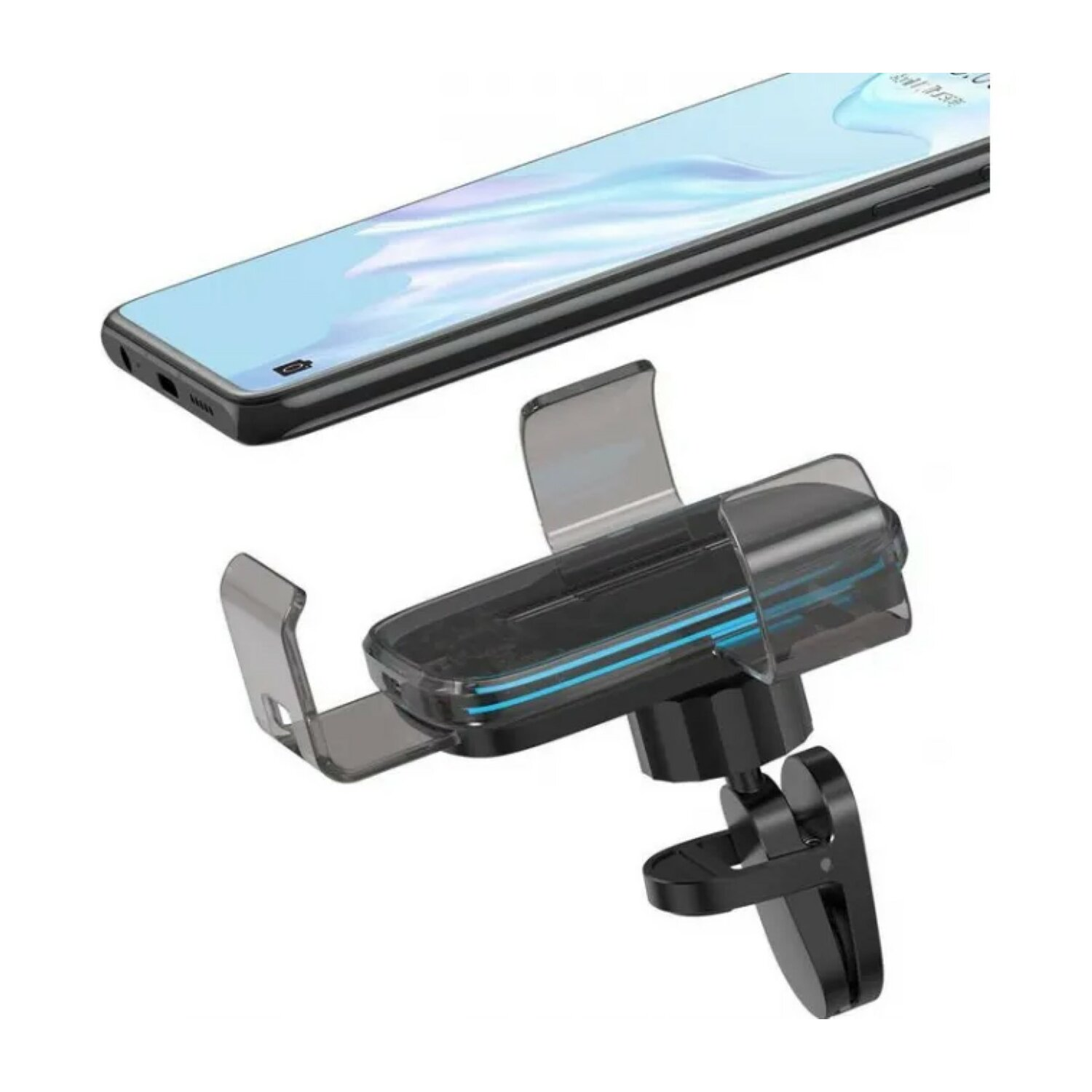 Telefoon gemonteerd in een zwarte autotelefoonhouder.