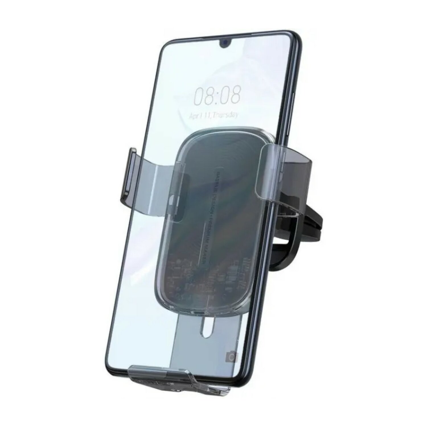 Een telefoon in een telefoonhouder voor in de auto. De telefoon is zwart en toont de tijd. De houder is doorzichtig.