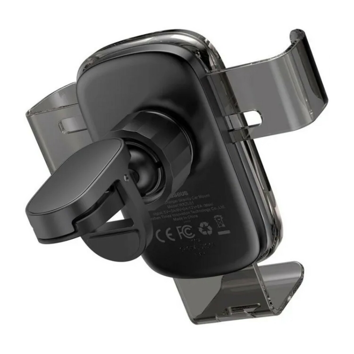 Zwarte telefoonhouder voor in de auto met een doorzichtige kunststof steun en een zwarte basis.