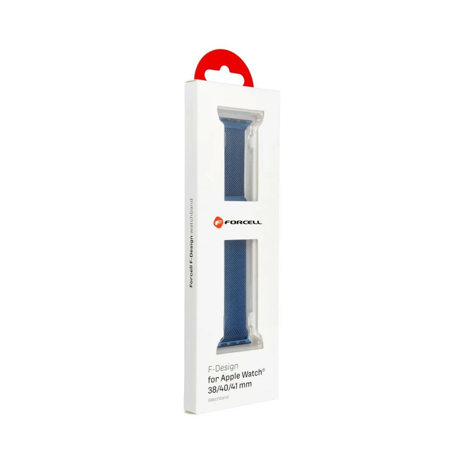 Weiße Verpackung für ein blaues Apple Watch Armband. Das Armband ist in der Box abgebildet.