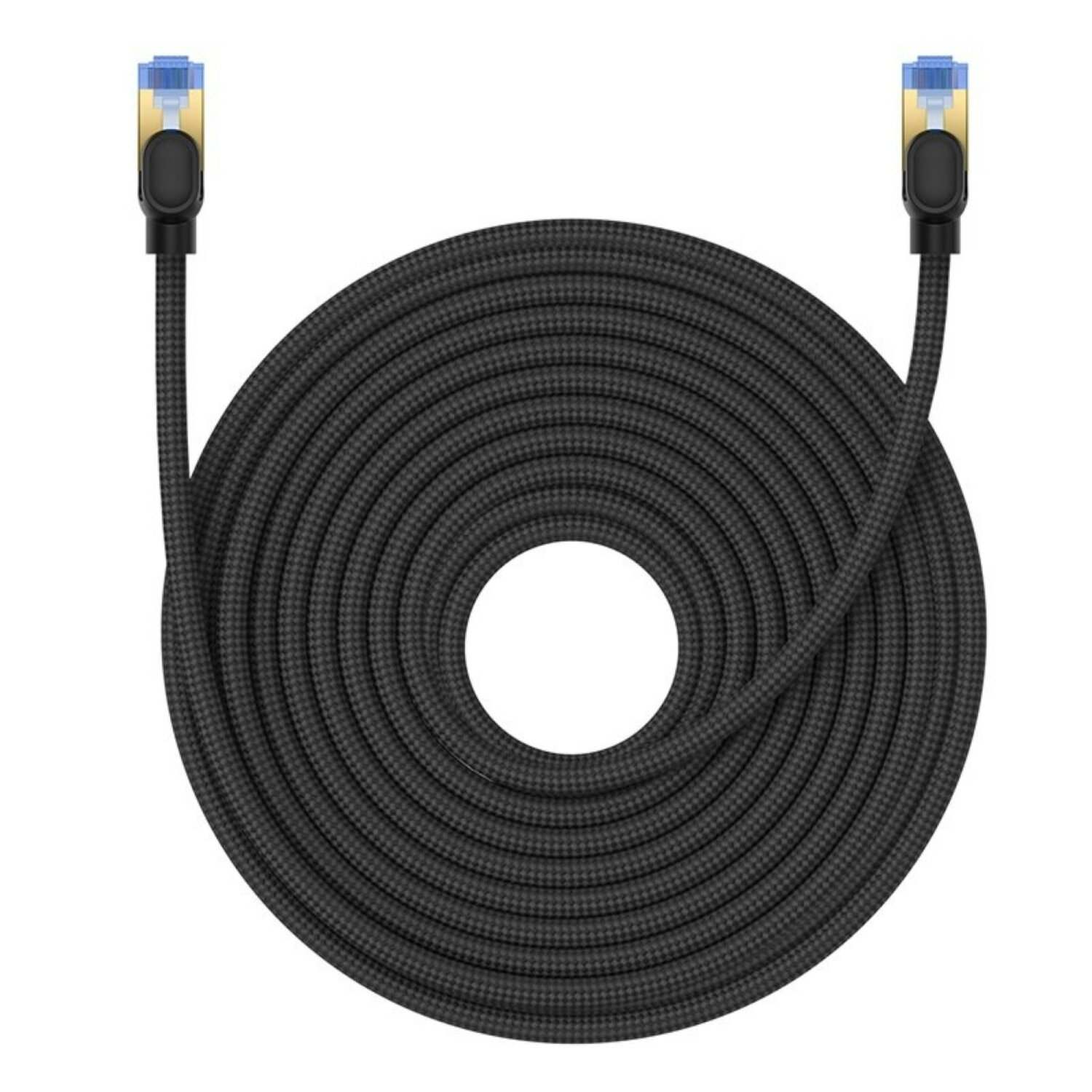 Un cavo Ethernet nero e oro arrotolato, con connettori a ciascuna estremità. È su uno sfondo bianco.