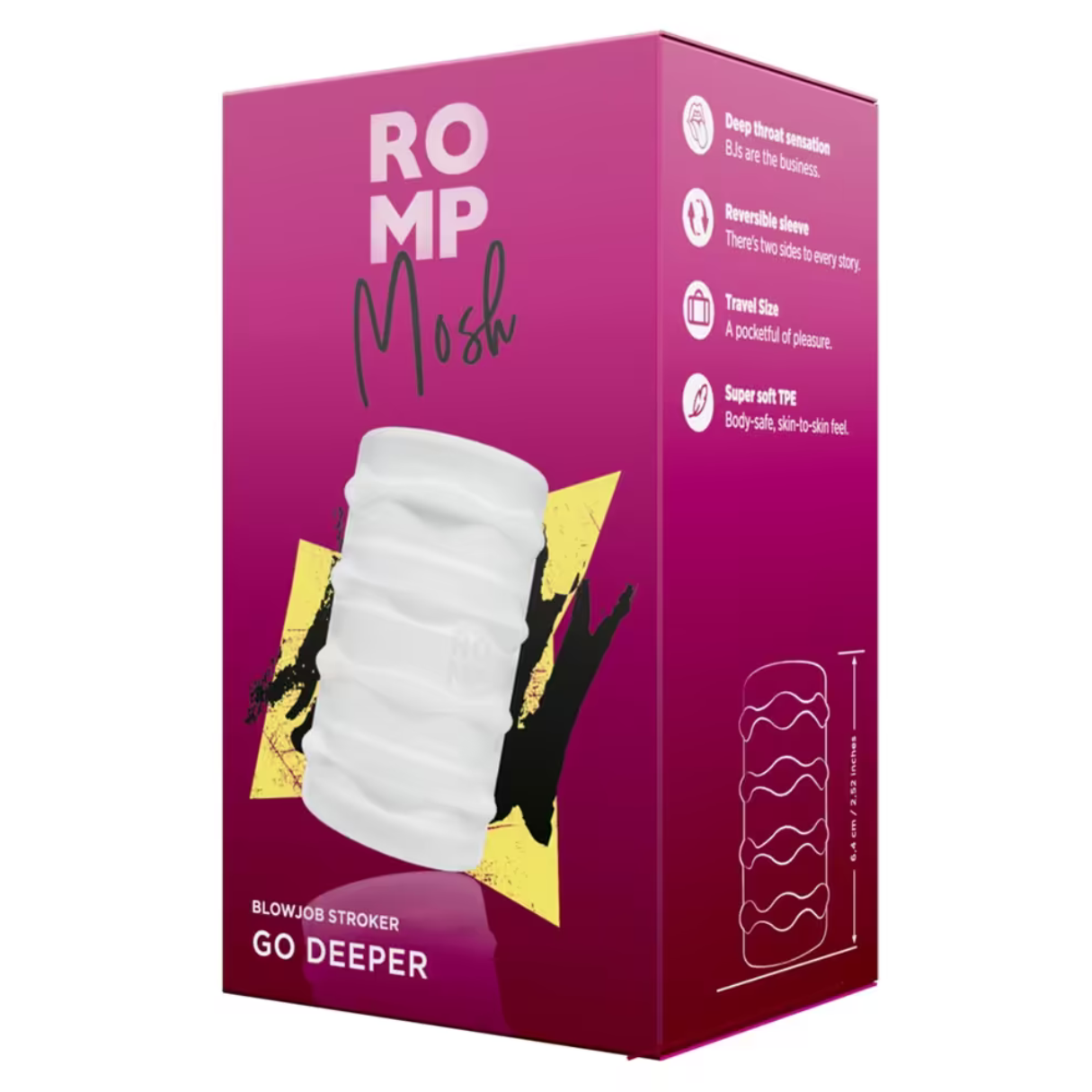 Verpackung für einen Blowjob-Stroker. Sie ist weiß und trägt den Text: ROMP Mosh.