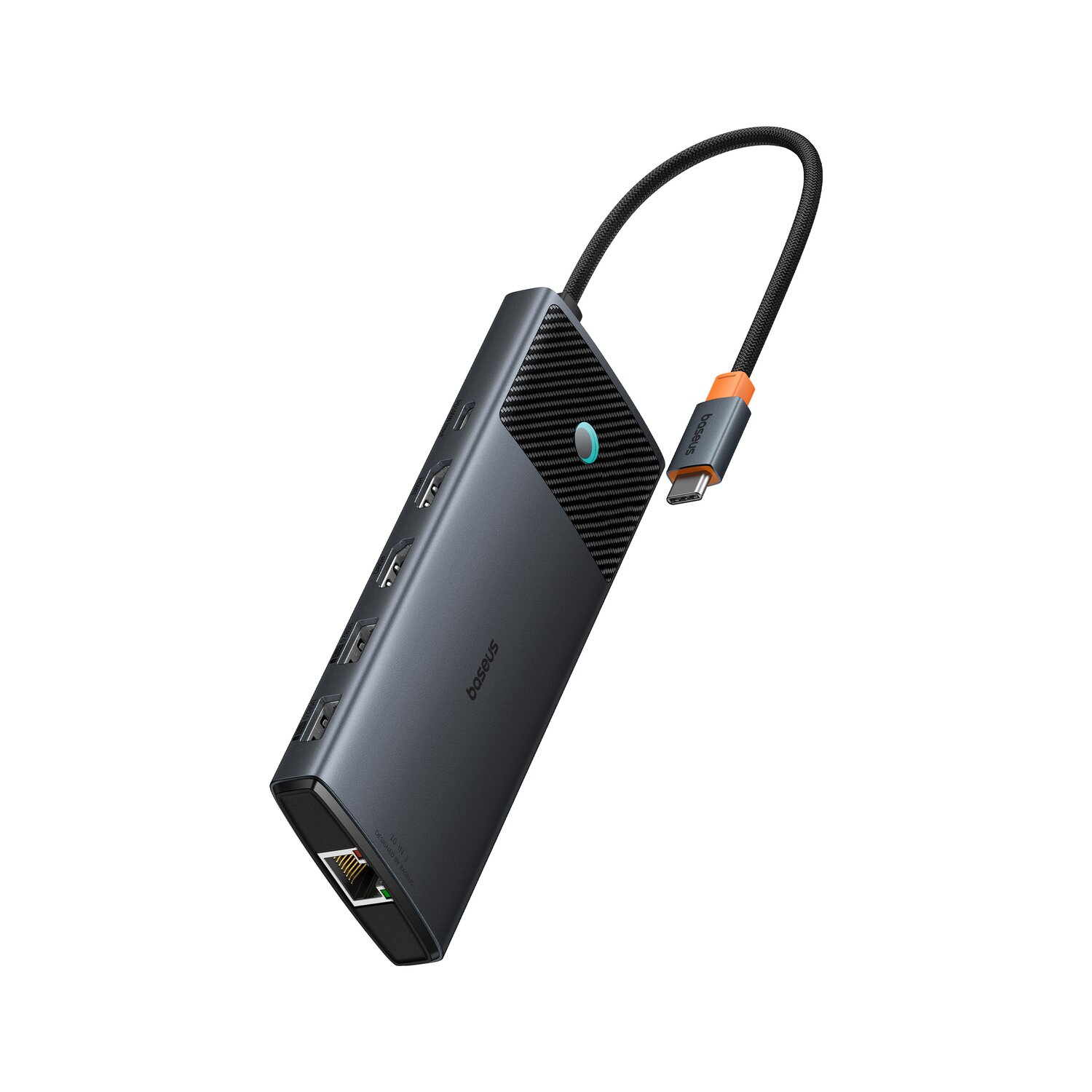 Ein dunkelgrauer USB-Hub mit USB-Anschlüssen und einem Ladekabel auf weißem Hintergrund.
