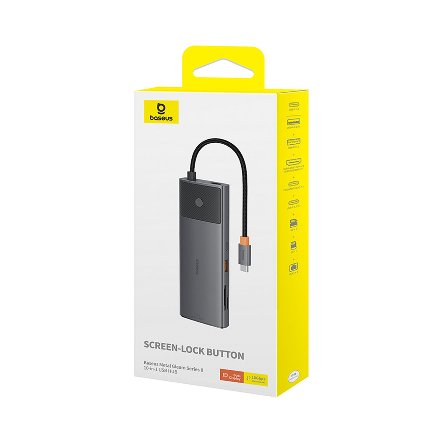 Ein grauer USB-Hub mit einer gelben Box mit der Aufschrift 'SCREEN-LOCK BUTTON'.