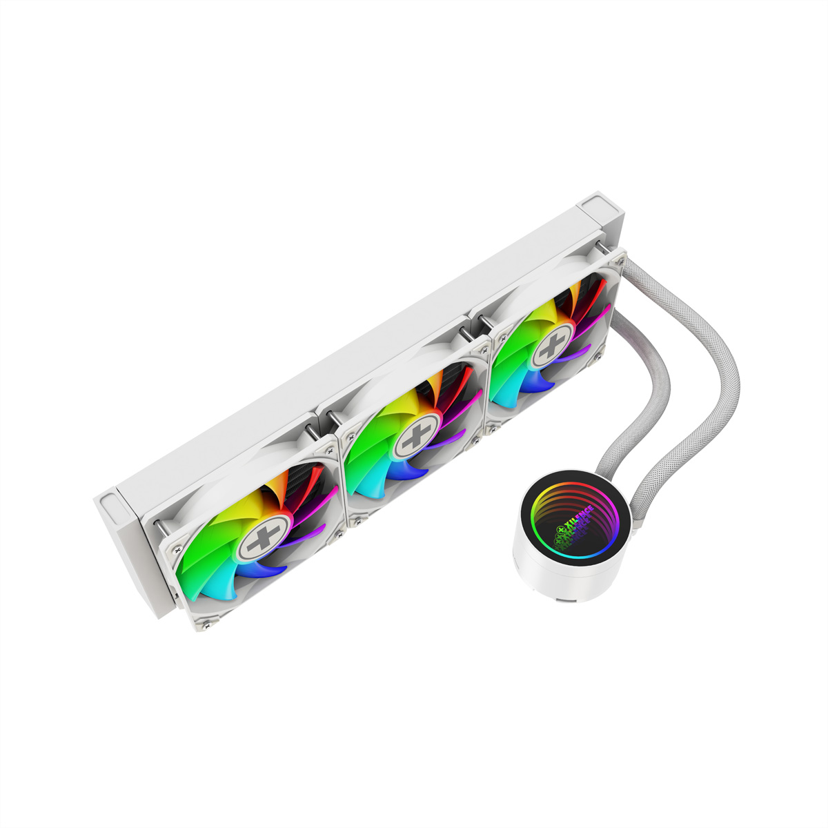 Chłodzenie cieczą do komputera z trzema wentylatorami, białym radiatorem i okrągłą pompą ze światłami.