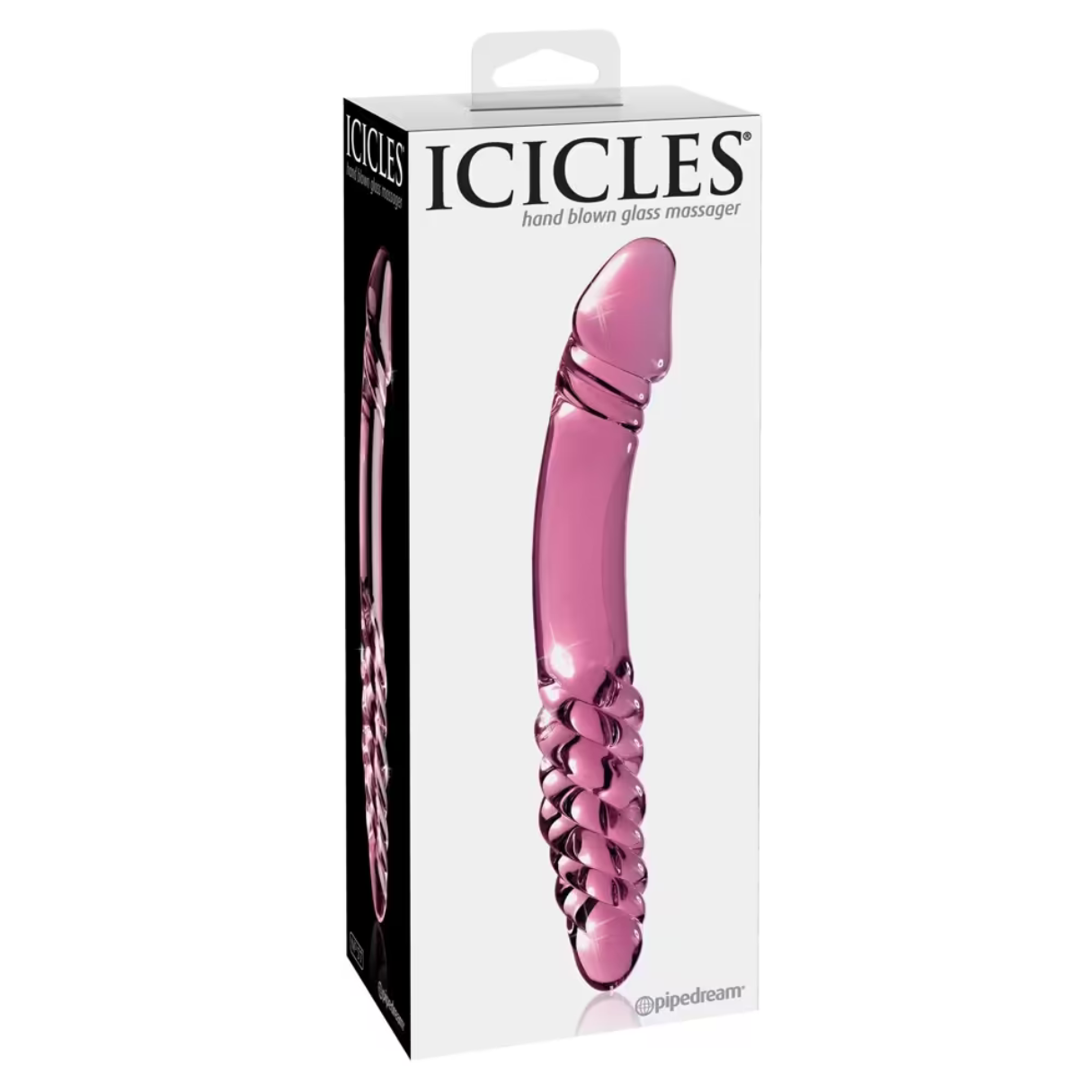 Ein rosafarbener Glasmassager in einer weißen Box mit der Aufschrift 'ICICLES' und Produktdetails.