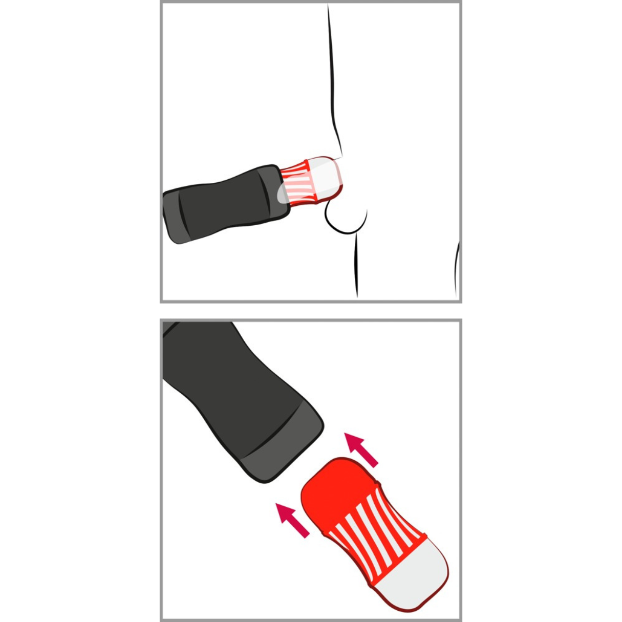 Dwa schematy pokazują, jak zakładać i zdejmować główkę szczoteczki do zębów. Strzałki wskazują kierunek działania.