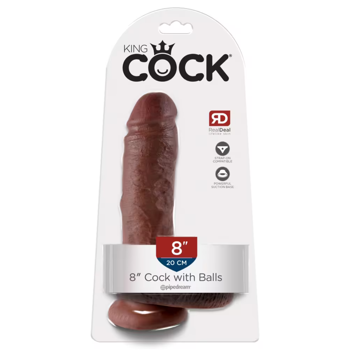 Produktverpackung für ein realistisches Penisspielzeug, mit Saugfuß und Strap-on-Funktion.