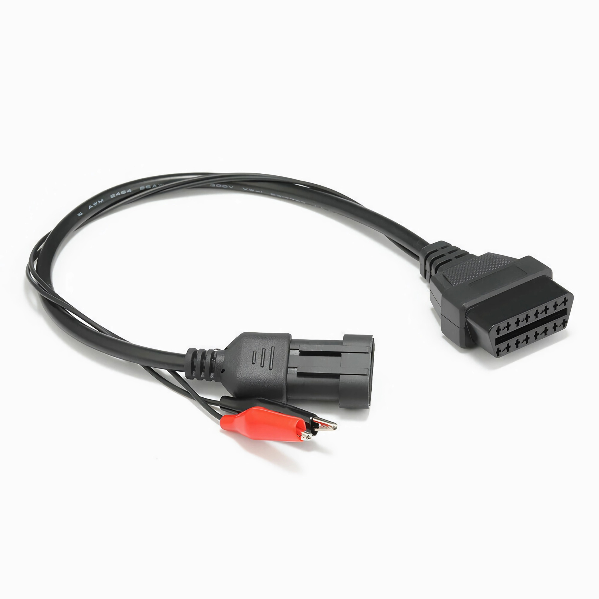Schwarzes Diagnosekabel mit Steckern; ein roter und schwarzer Clip.