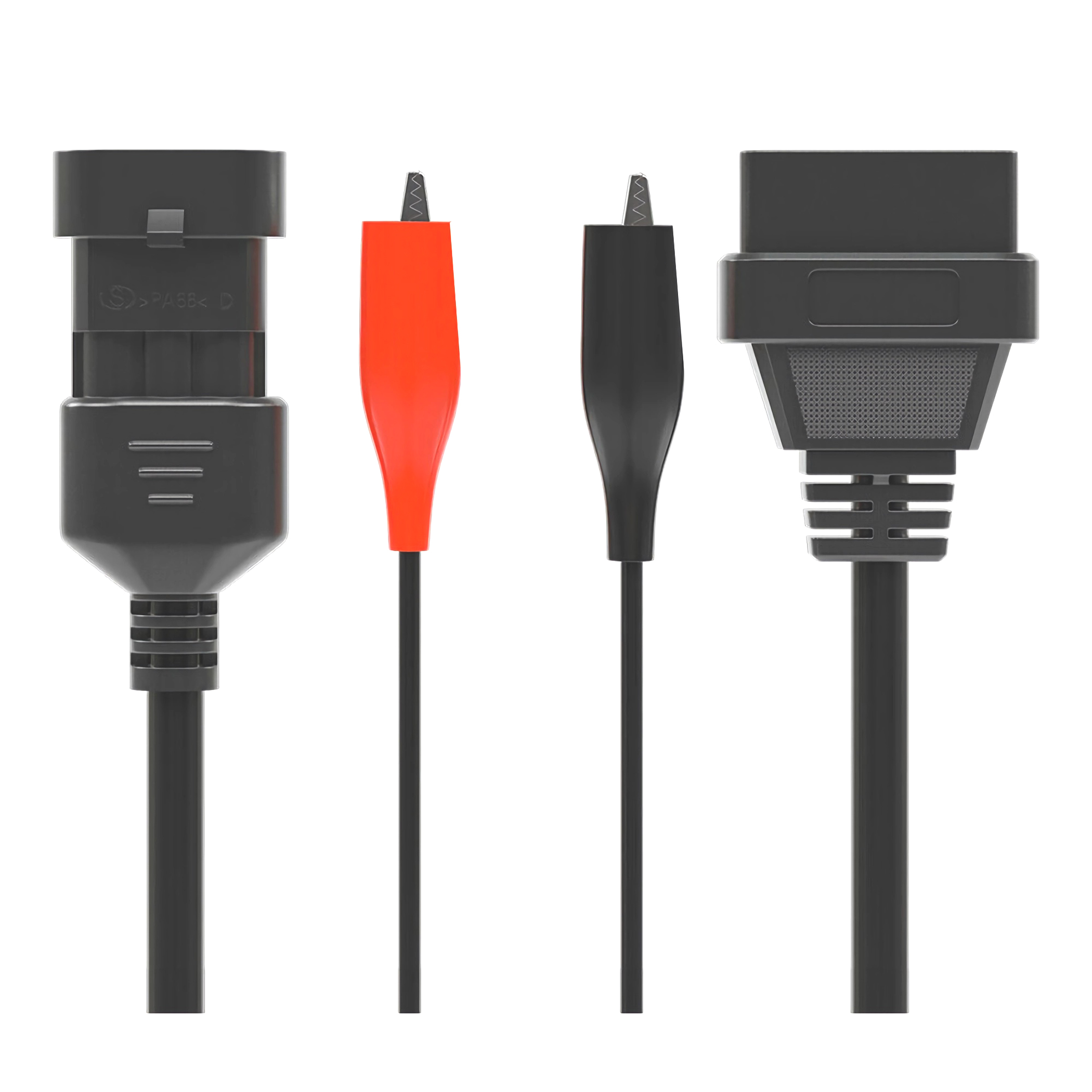 Vier schwarze und rote Kabel mit Steckern für Diagnosezwecke.