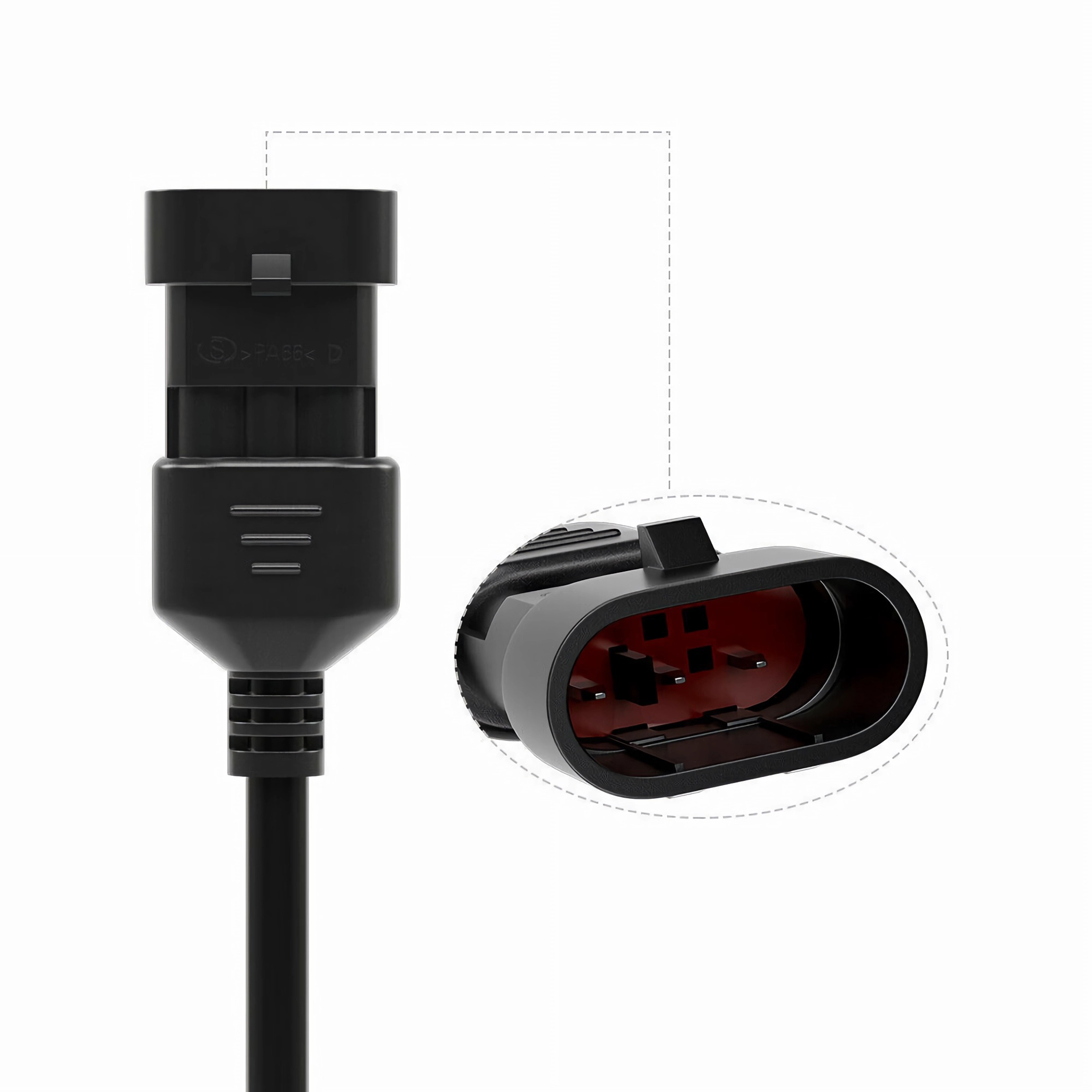 Ein schwarzer elektrischer Stecker wird gezeigt, mit einer Nahaufnahme des Inneren des Steckers.