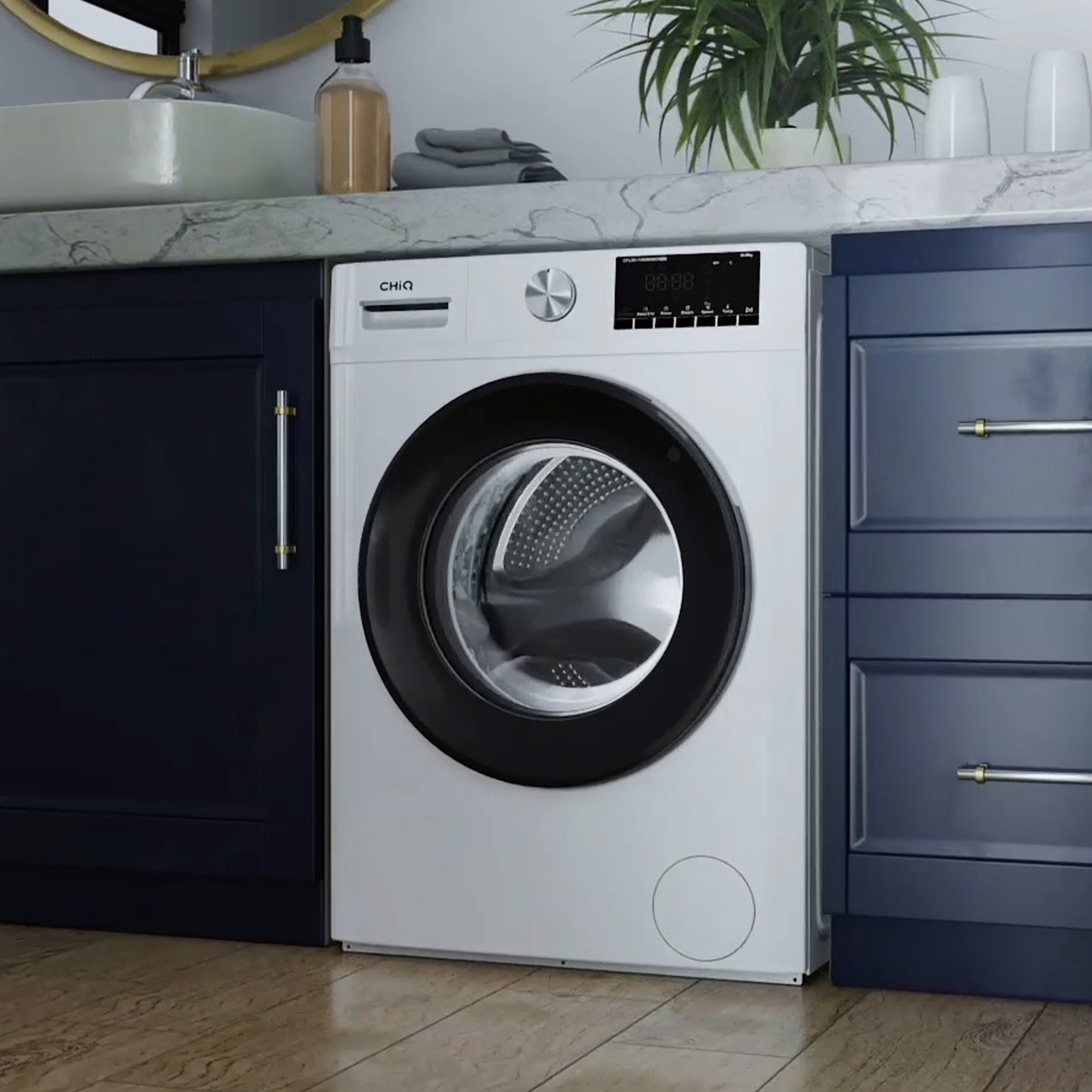 Weiße Waschmaschine in einem modernen Badezimmer, mit schwarzer Tür.