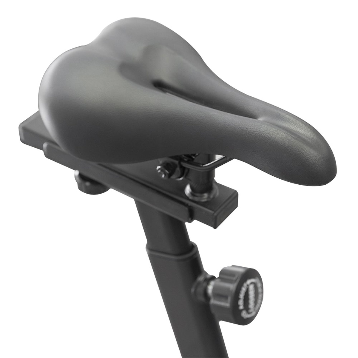 Black exercise bike seat with red accents, attached to a black frame with knob.