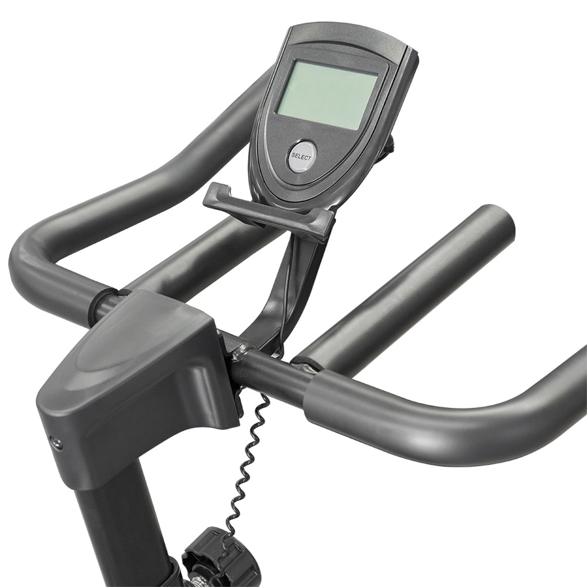 Exercise bike handlebars with a display. Select button is visible.