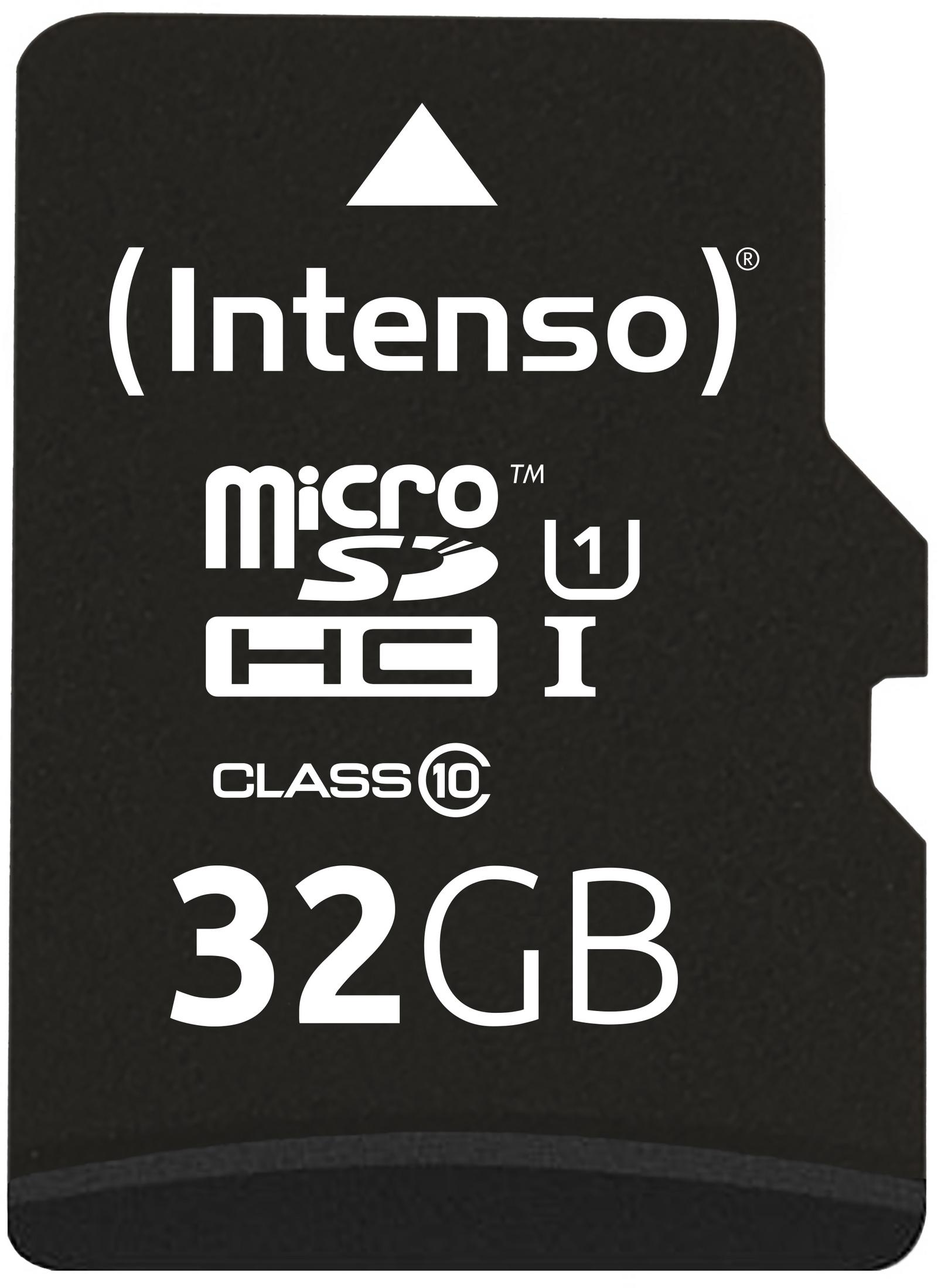 Schwarze Micro-SD-Karte mit weißem Text: Intenso, SDHC, Class 10, 32GB. Weißer Hintergrund.