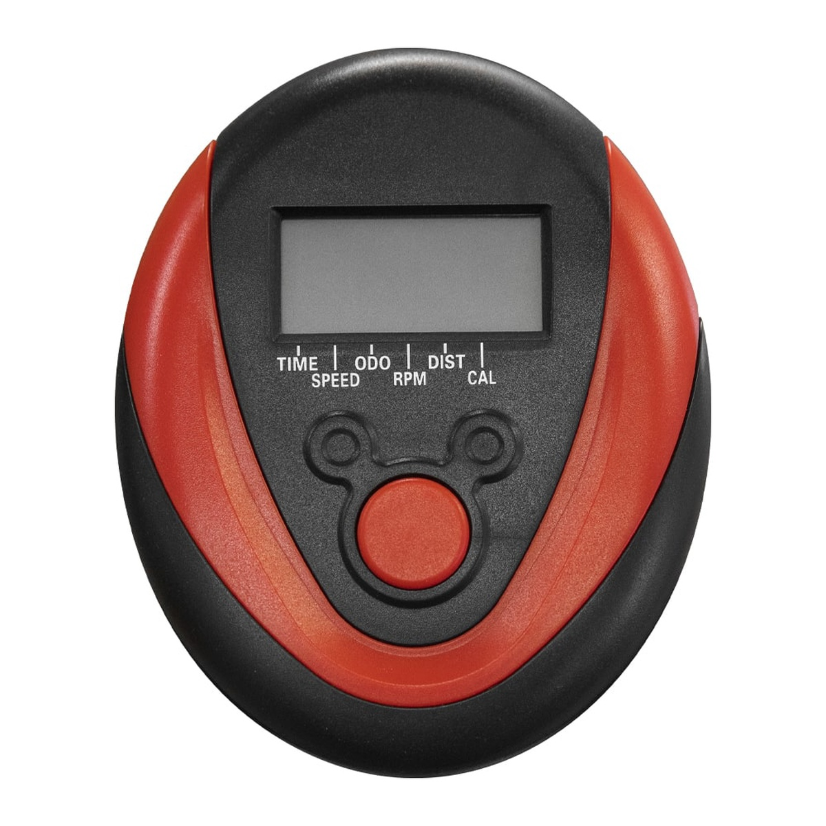 Black and red exercise bike console with a display and buttons.