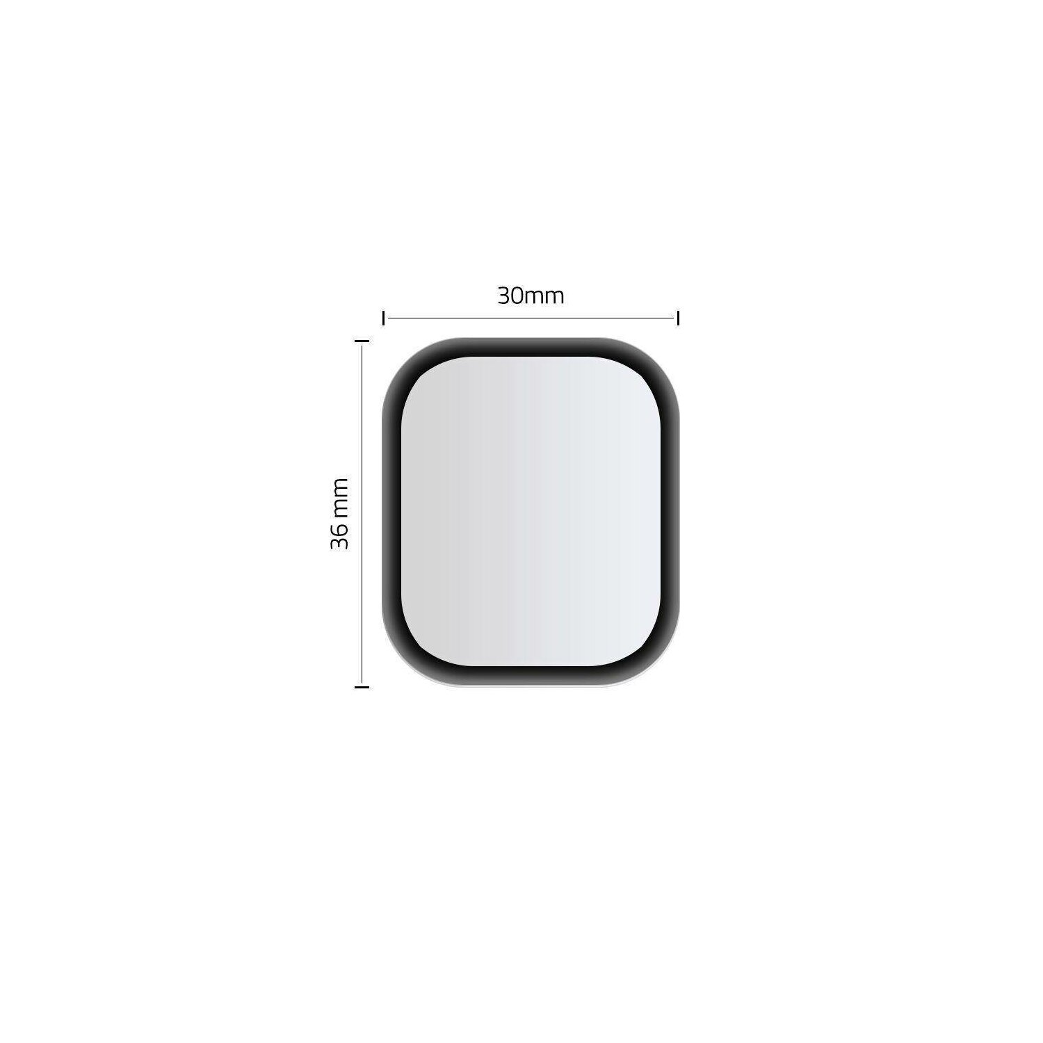 Ein quadratisches Objekt mit abgerundeten Ecken ist zentriert. Die Abmessungen betragen 30 mm x 36 mm. Die Innenseite ist weiß und die Außenseite ist schwarz.