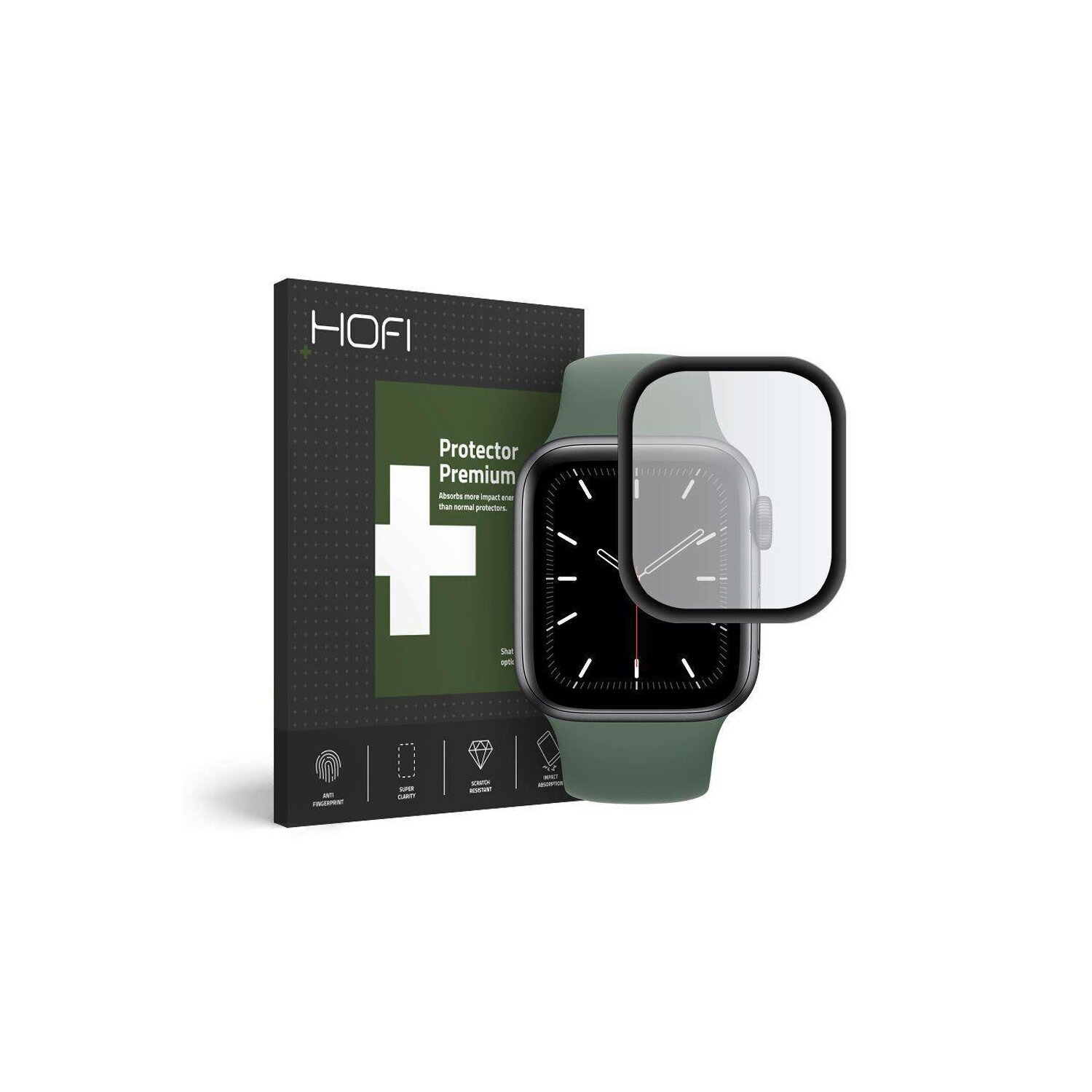 Eine grüne Smartwatch mit Displayschutzfolie und Box. Auf der Box steht 'Protector Premium' mit Funktionen wie Anti-Fingerprint.