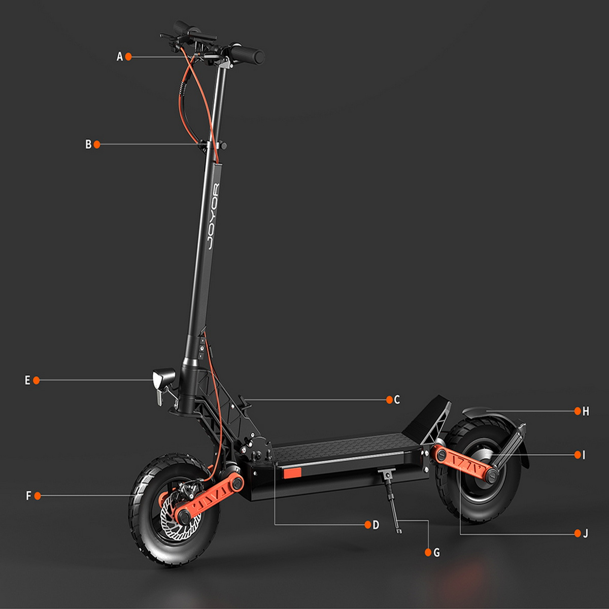 Schwarzer Elektroroller mit orangefarbenen Akzenten. Teile sind mit A bis J gekennzeichnet. Schwarzer Hintergrund.