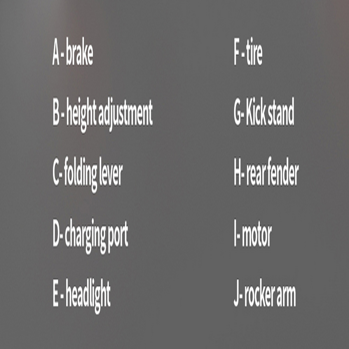 Text, der Merkmale eines Elektrofahrrads auflistet: Bremse, Höhenverstellung, Klapphebel usw.