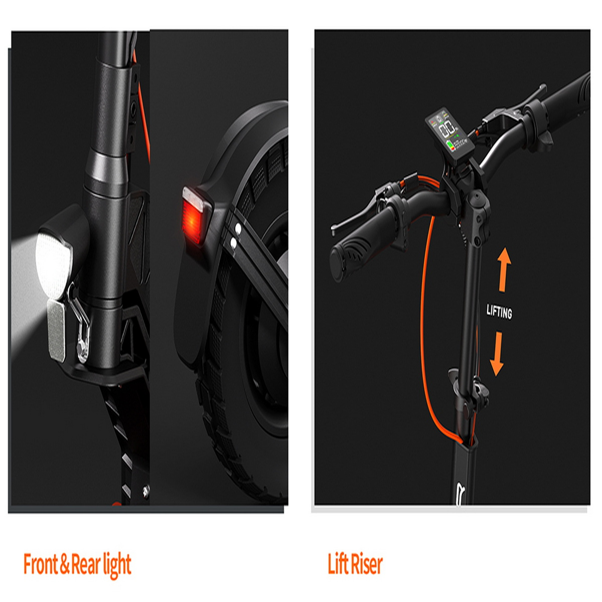 Elektroroller Details: Frontlicht, Rücklicht und Lenker mit Bedienelementen.
